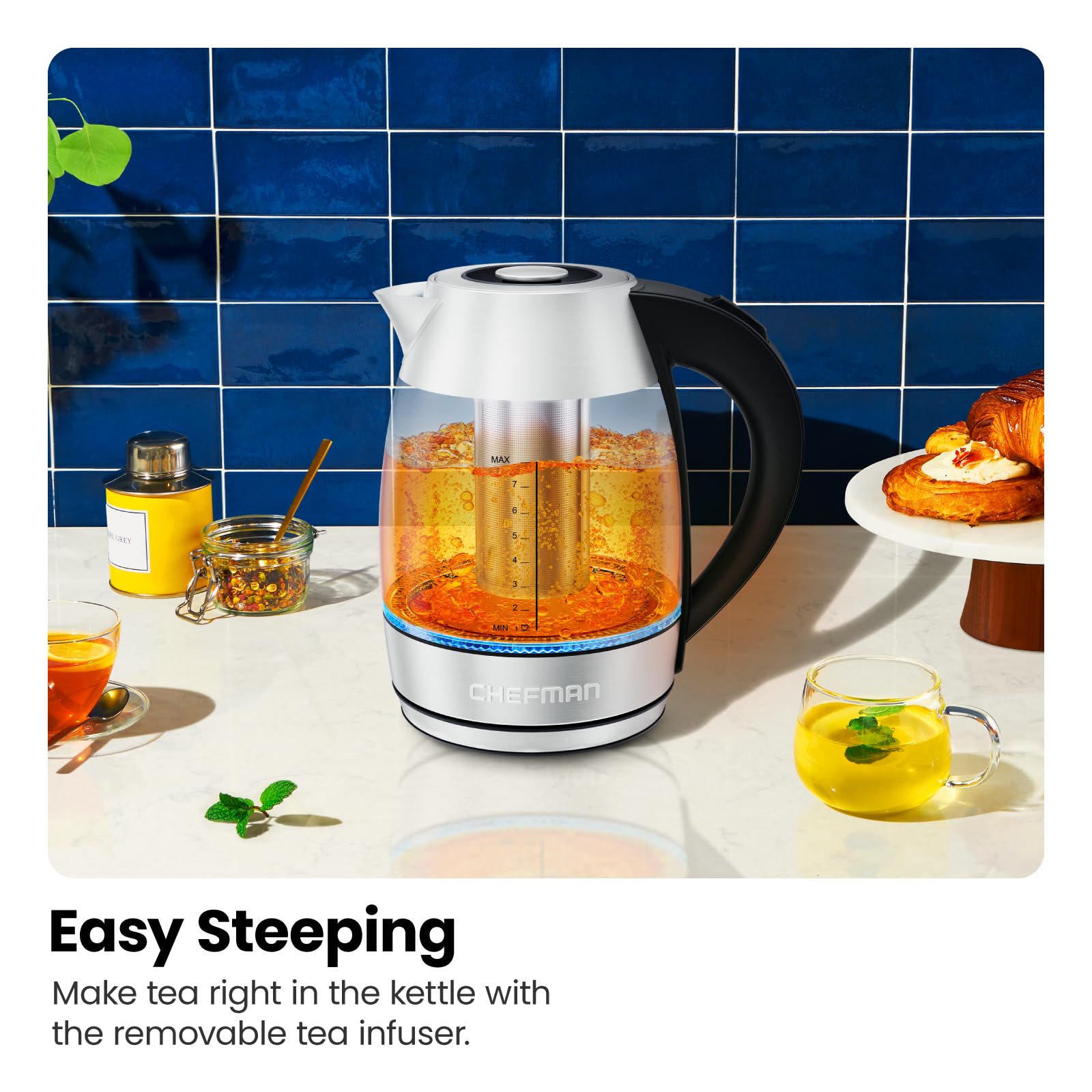 Chefman Electric Kettle for Boiling Water, 1.8L 1500W, Removable Tea Infuser, Auto Shut Off, Boil-Dry Protection, BPA Free, Boro