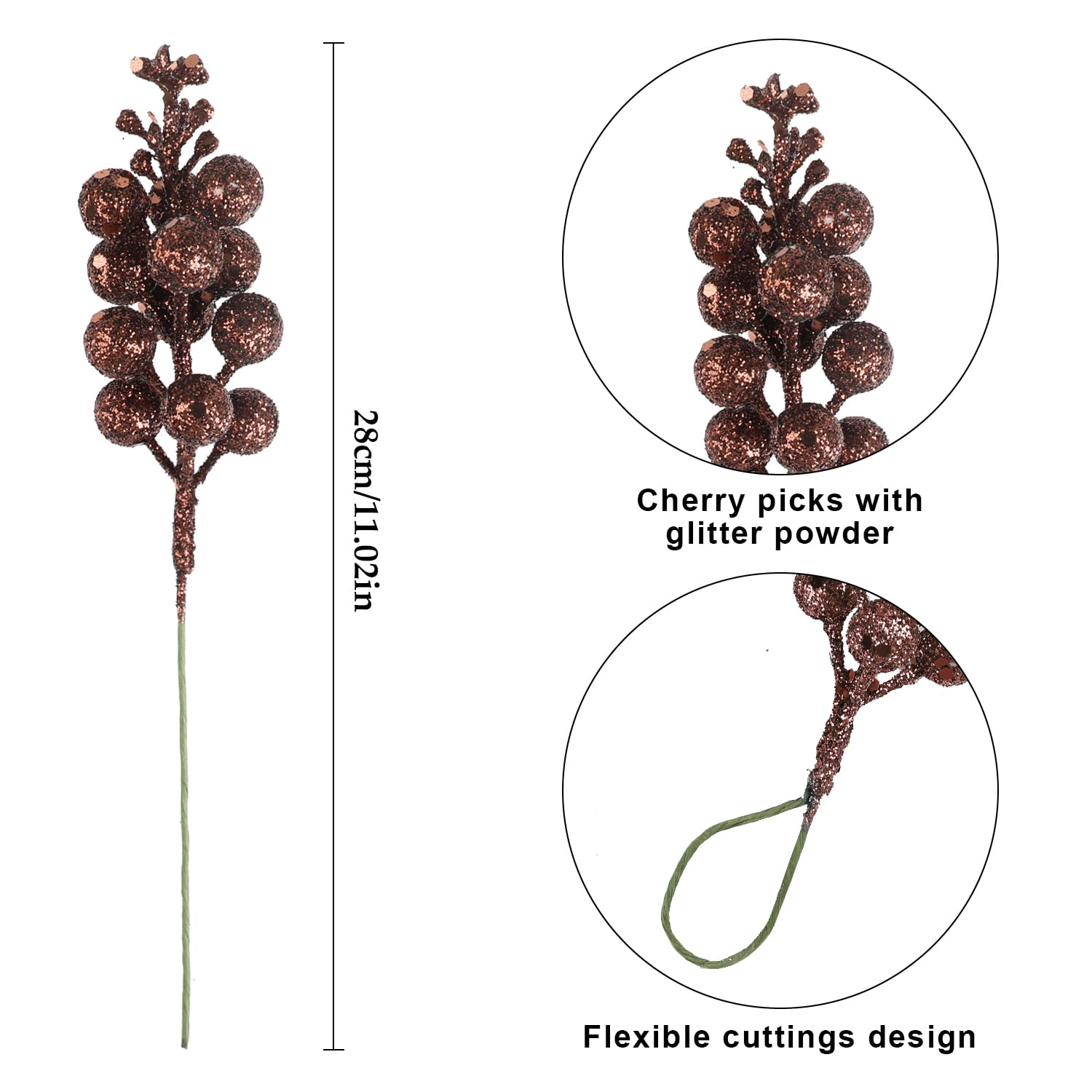 DIYASY Glitter Berry Stems for Christmas Tree Ornaments,20Pcs Brown Picks and Sprays Artificial Branches Xmas Tree Filler Holida