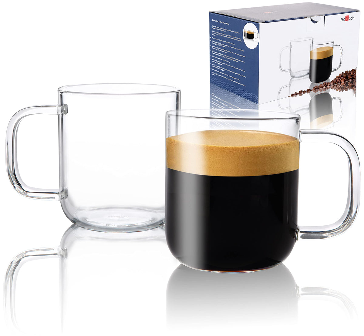 Aquach Glass Mugs 20 Oz Set Of 2, Extra Large Clear Glass Cup With Handle For Hot/Cold Coffee Tea Beverage, Drinking Glasses