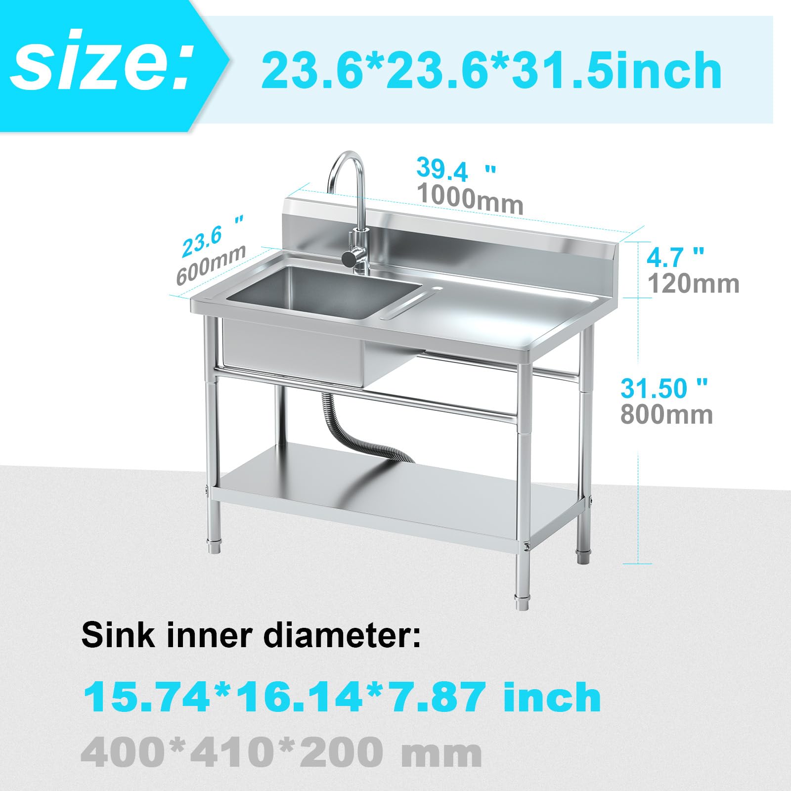 Purezmmoto Utility Sink Freestanding Single Bowl Laundry Sink With Hot And Cold Water Plumbing Workbench & Storage Stainless Ste