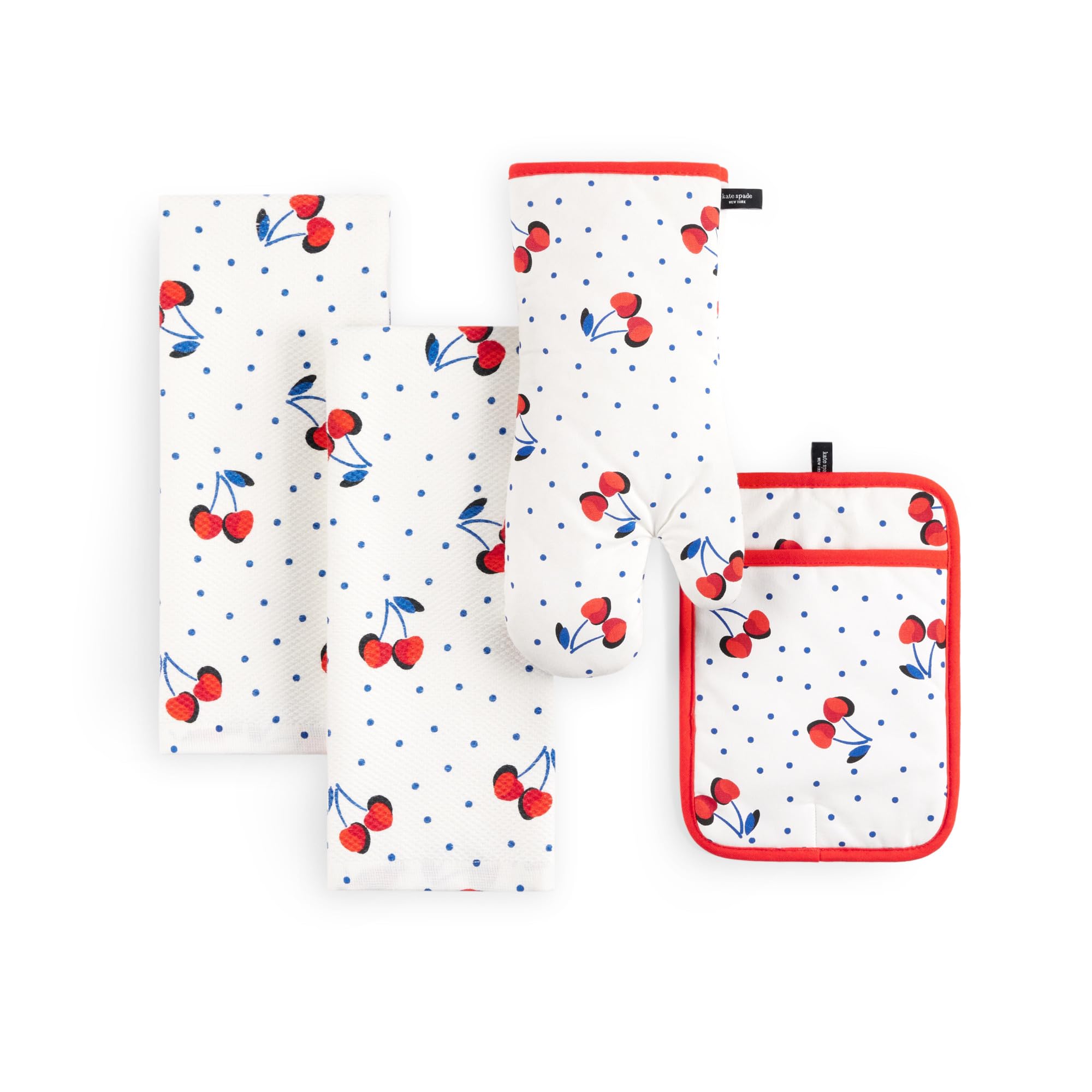 Kate Spade New York Cherry Dot Kitchen Towel, Oven Mitt & Pot Holder 4-Pack Set, 17 x 28, 7 x 13, 7 x 10, White/Red/Blue