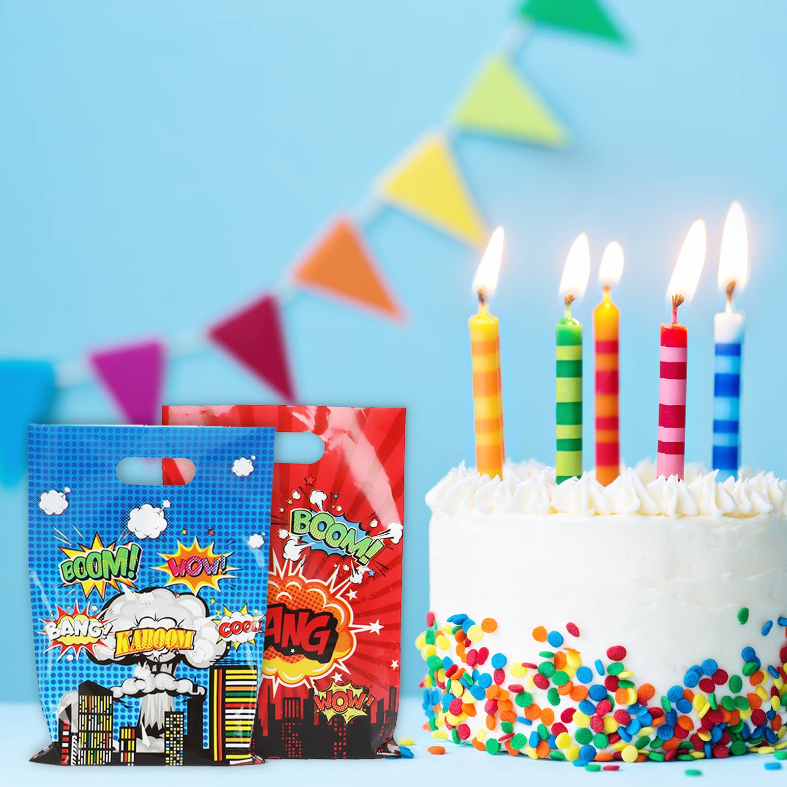 50 PCS Super Theme Hero Party Favor Bags Hero Happy Birthday Goodie Bags Hero Action Sign Candy Treat Bags Durable Plastic Hero Gift Bag for Baby Shower Boys Girls Birthday Party Decorations Supplies