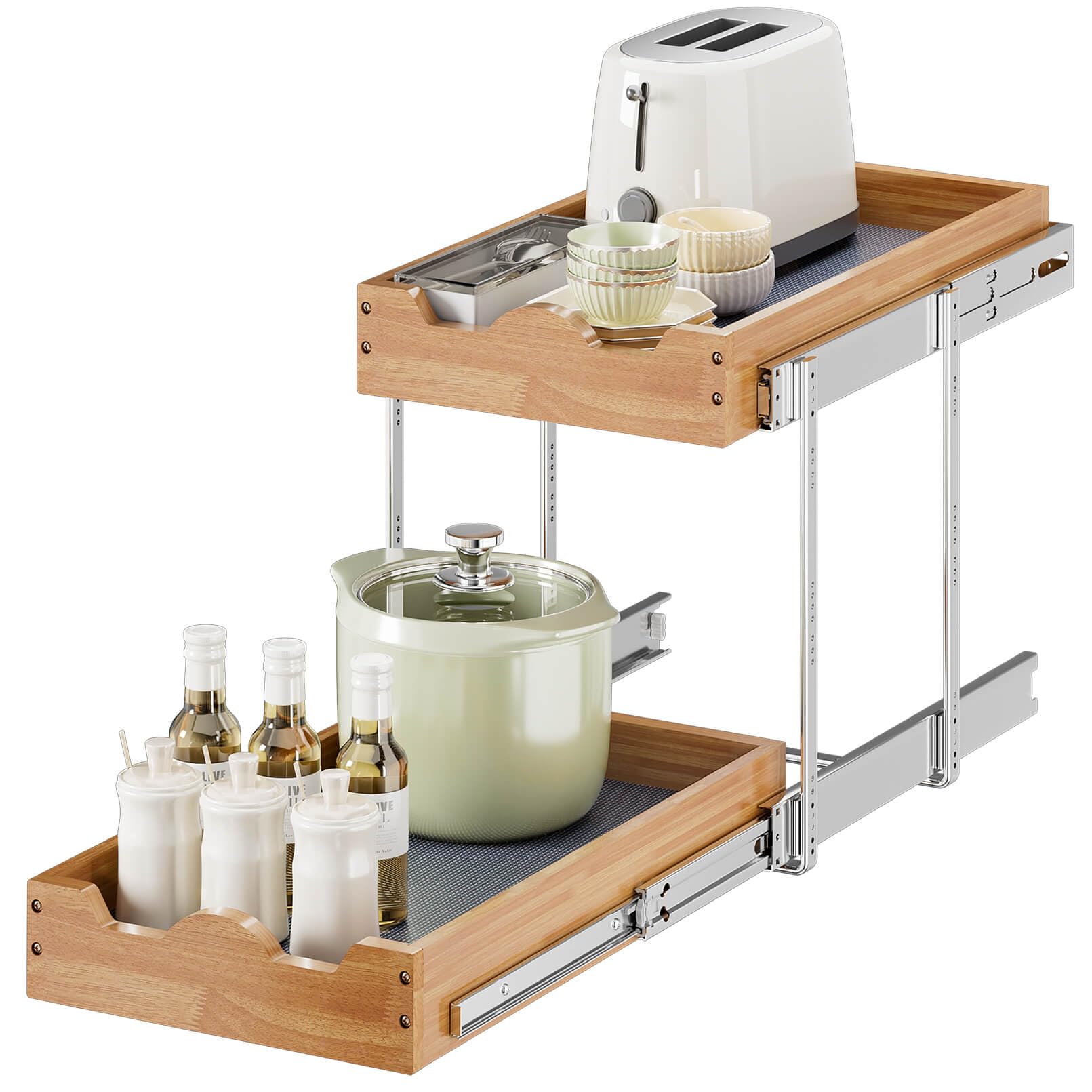 Ocg Pull Out Drawers For Cabinets 14''W X 21''D, 2 Tier Heavy-Duty Slide Out Wood Drawer Shelf, Pull Out Drawer For Cabinets, Ba
