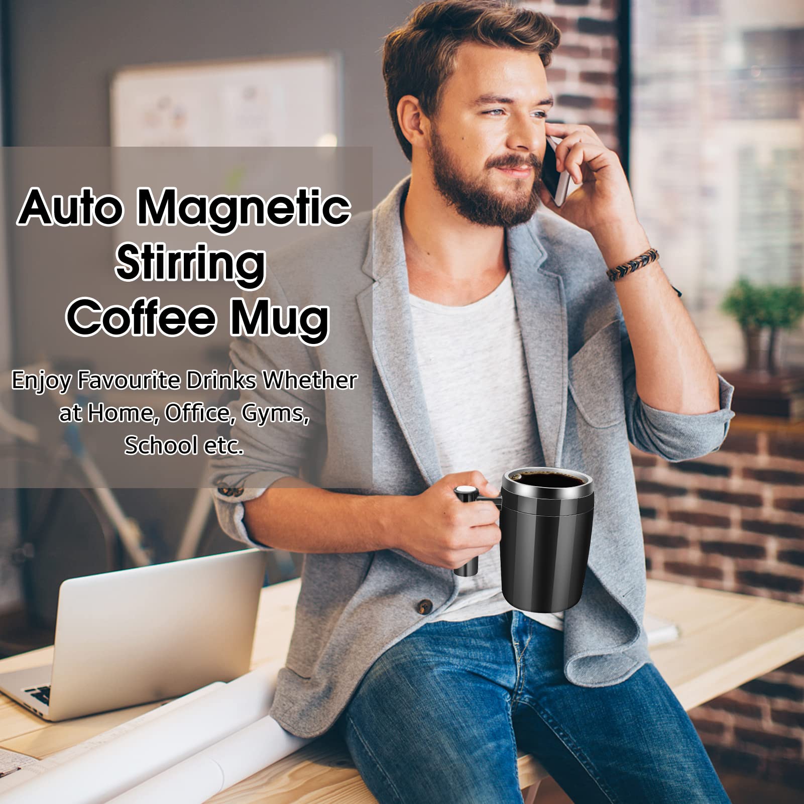 Vermida Self Stirring Coffee Mug, 13Oz Automatic Stainless Steel Mixing Cup With 2Pc Stir Bars For Milk/Coffee, Double Wall Insu