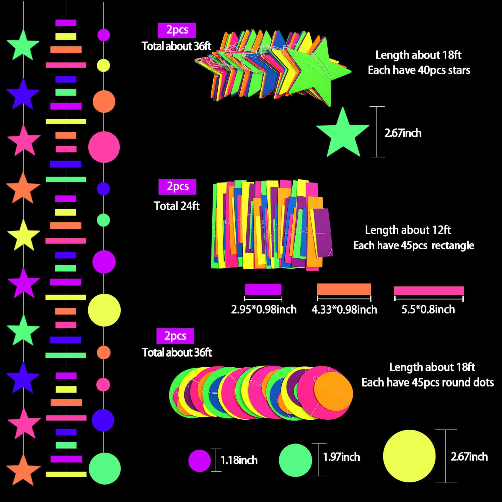 108feet UV Neon Paper Star Garland Glow in The Dark Streamers for neon Party Supplies UV Fluorescent Reactive Paper Star Banner