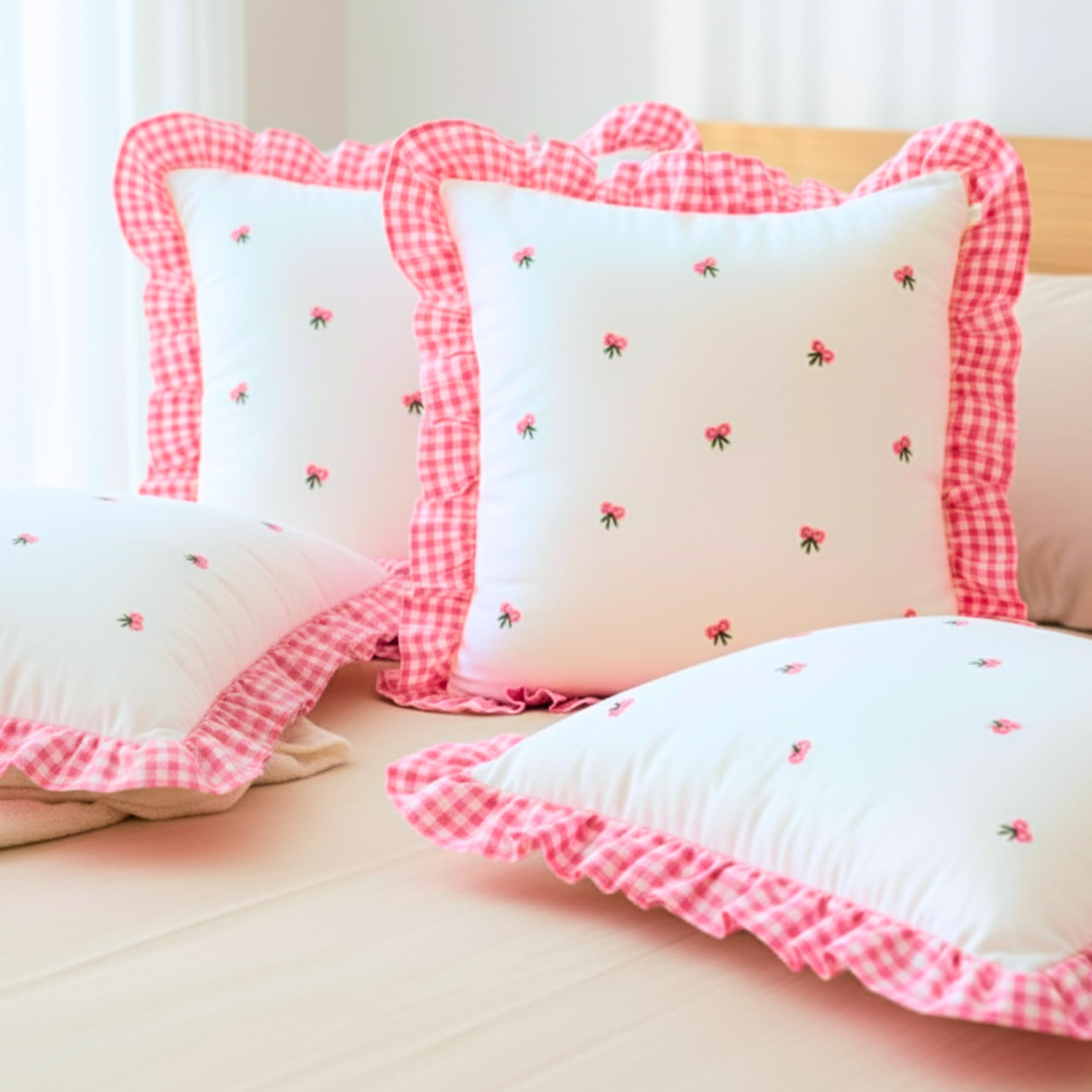 Sleepy Threads Square Cotton Cushion Cover Pink & White Floral Embroidered | Set Of 4 | With Ruffle Frill Edging Throw For Sofa,