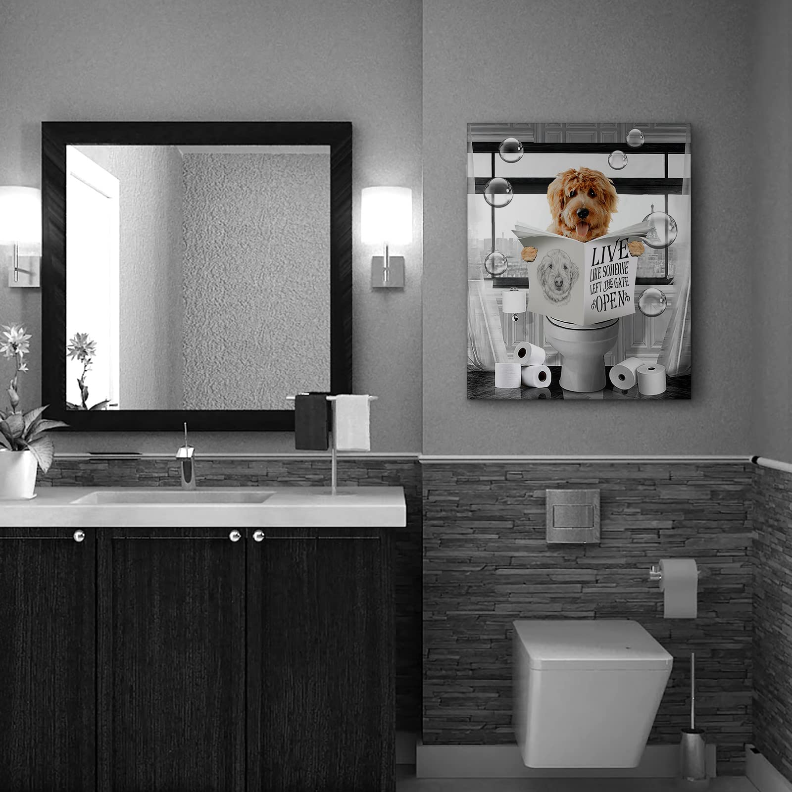 Funny Dog Sitting In Toilet Bathroom Decor Wall Art Black And White Dog Pictures Farmhouse Bathroom Animals Painting For Toilet
