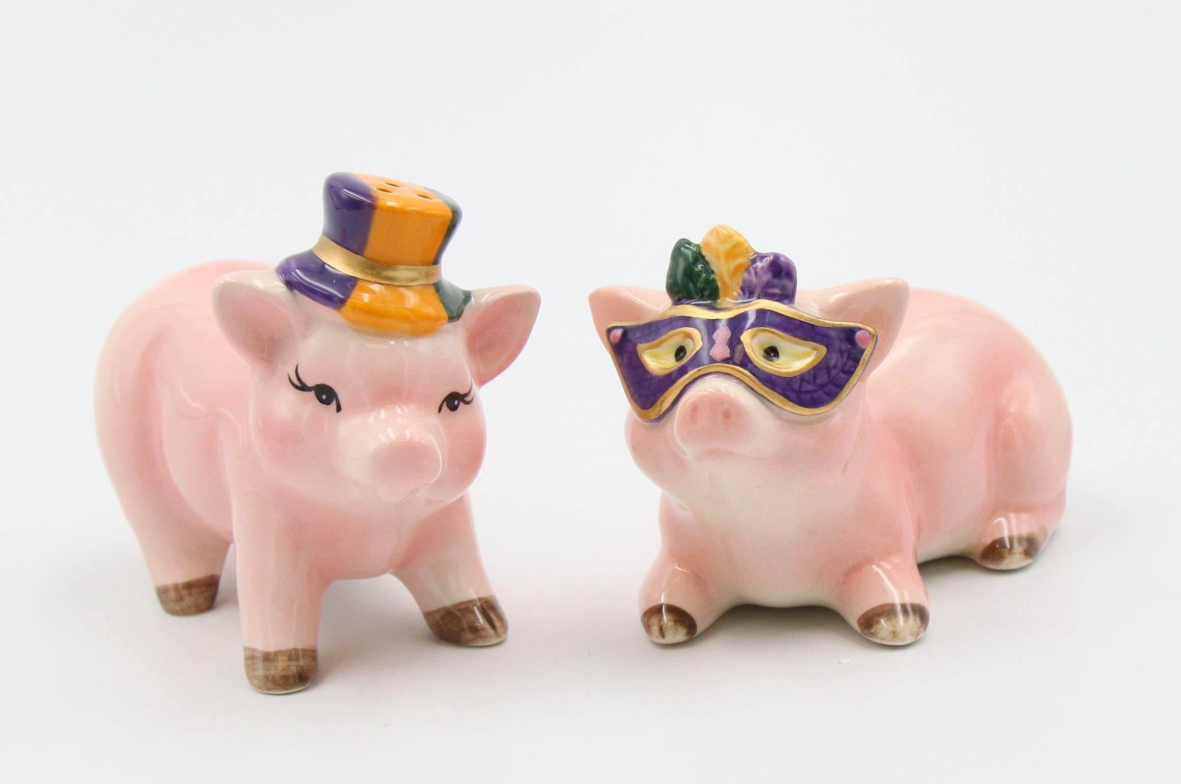 Fine Ceramic Mardi Gras Costume Pigs Couple Salt & Pepper Shakers Set, 3-5/8''