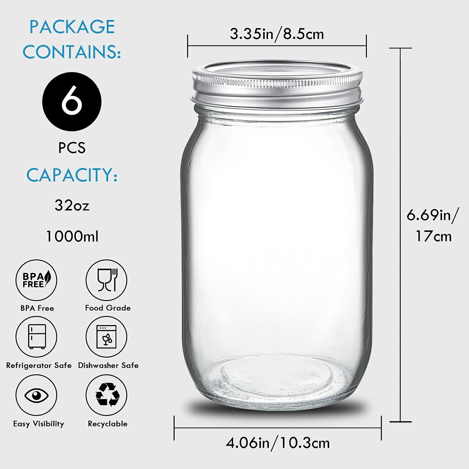 Yeboda 6 Pack Wide Mouth Mason Jars 32Oz Glass Canning Jars With Airtight Lids And Bands For Preserving, Jam, Honey, Jelly, Wedd