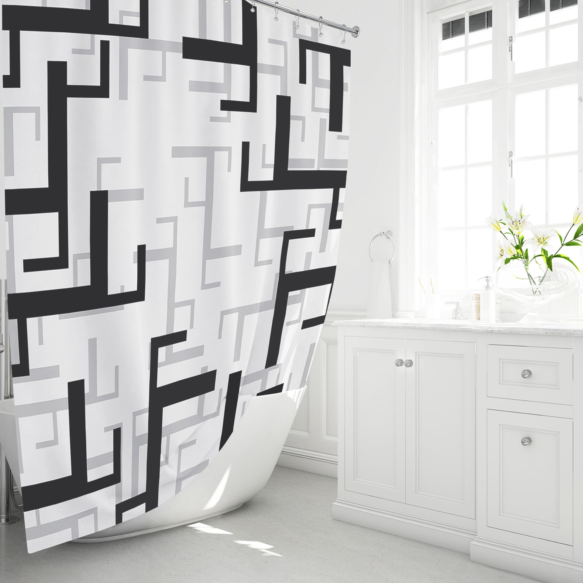 BTTN 96 Inches Extra Long Shower Curtain  72x96 Inch Long Geometric Waterproof Fabric Shower Curtain Set with 12 Hooks  Tall Modern Abstract Neutral Cloth Shower Curtains for Bathroom  Black and White