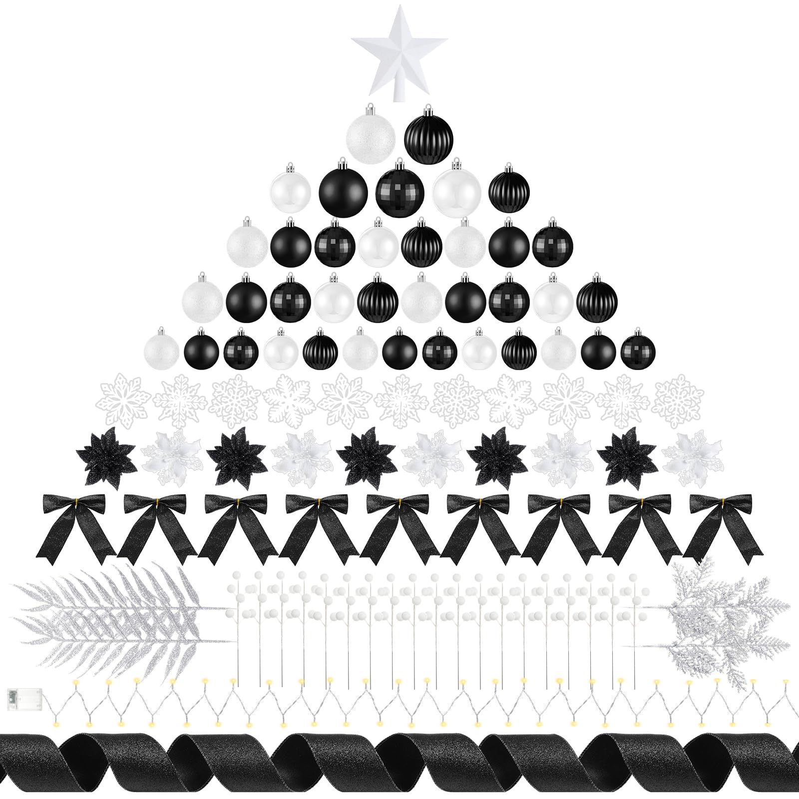 Poen 108 Pcs Christmas Tree Ornament Set Including Xmas Tree Ball Glitter Poinsettia Bows Berries Stems Leaves Snowflakes Ribbon