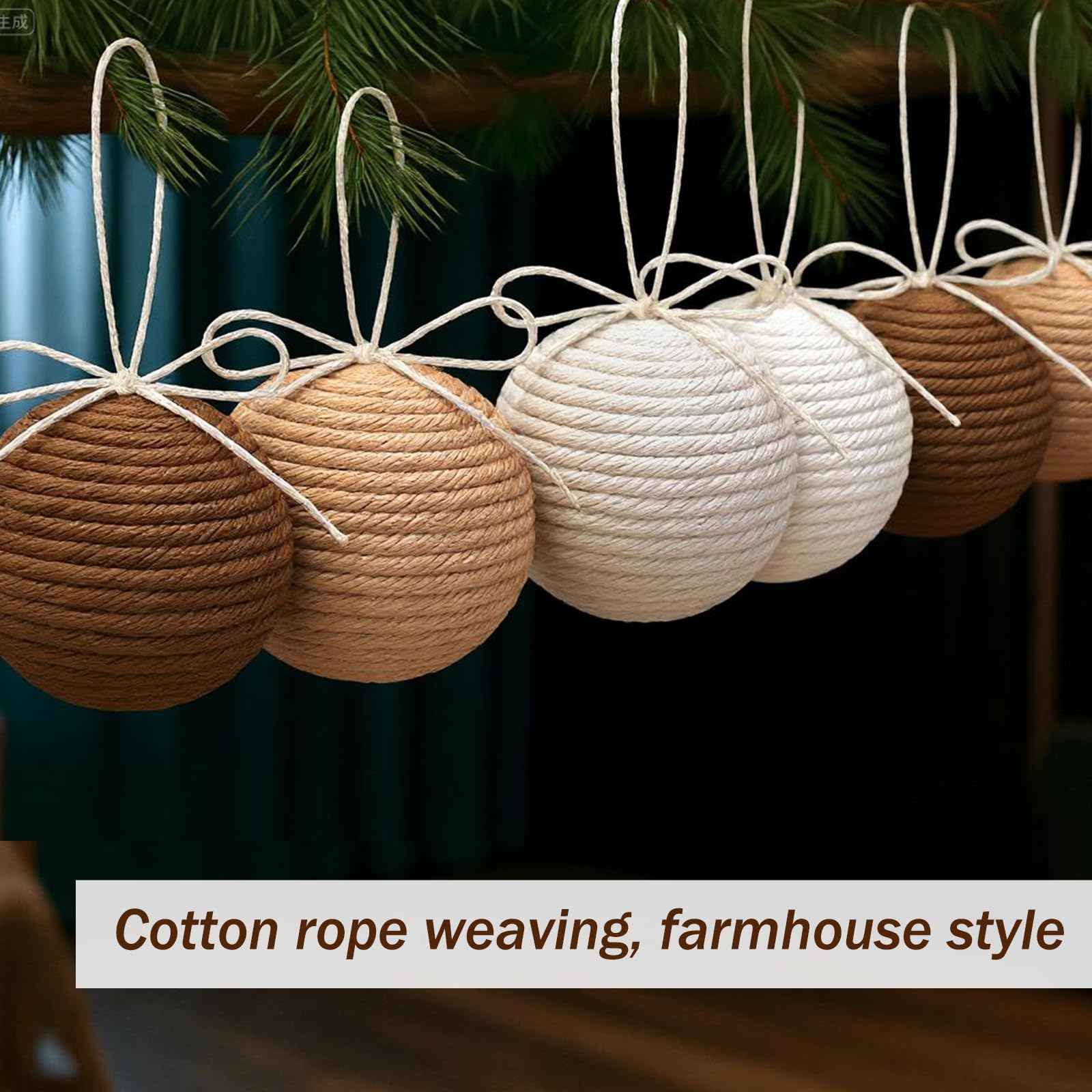 Syhood 12 Pcs Boho Farmhouse Christmas Ball Ornaments 2.36 Inch Crochet Jute String Ball Neutral Rustic Christmas Tree Hanging O