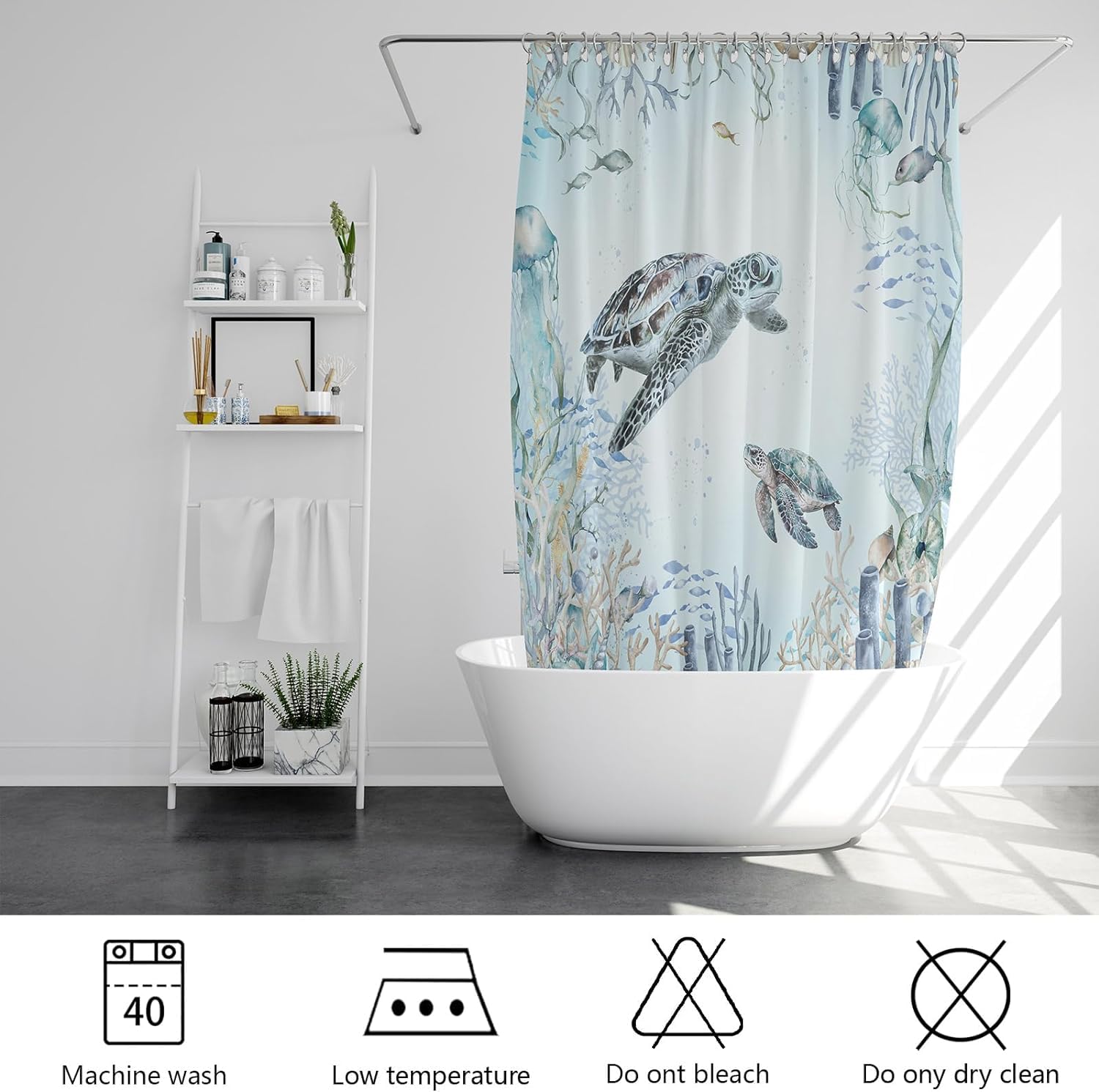 Emwnodti Sea Turtle Shower Curtain Coastal Beach Ocean Themed Bathroom Decoration, Underwater Marine Life Fish Jellyfish Coral T
