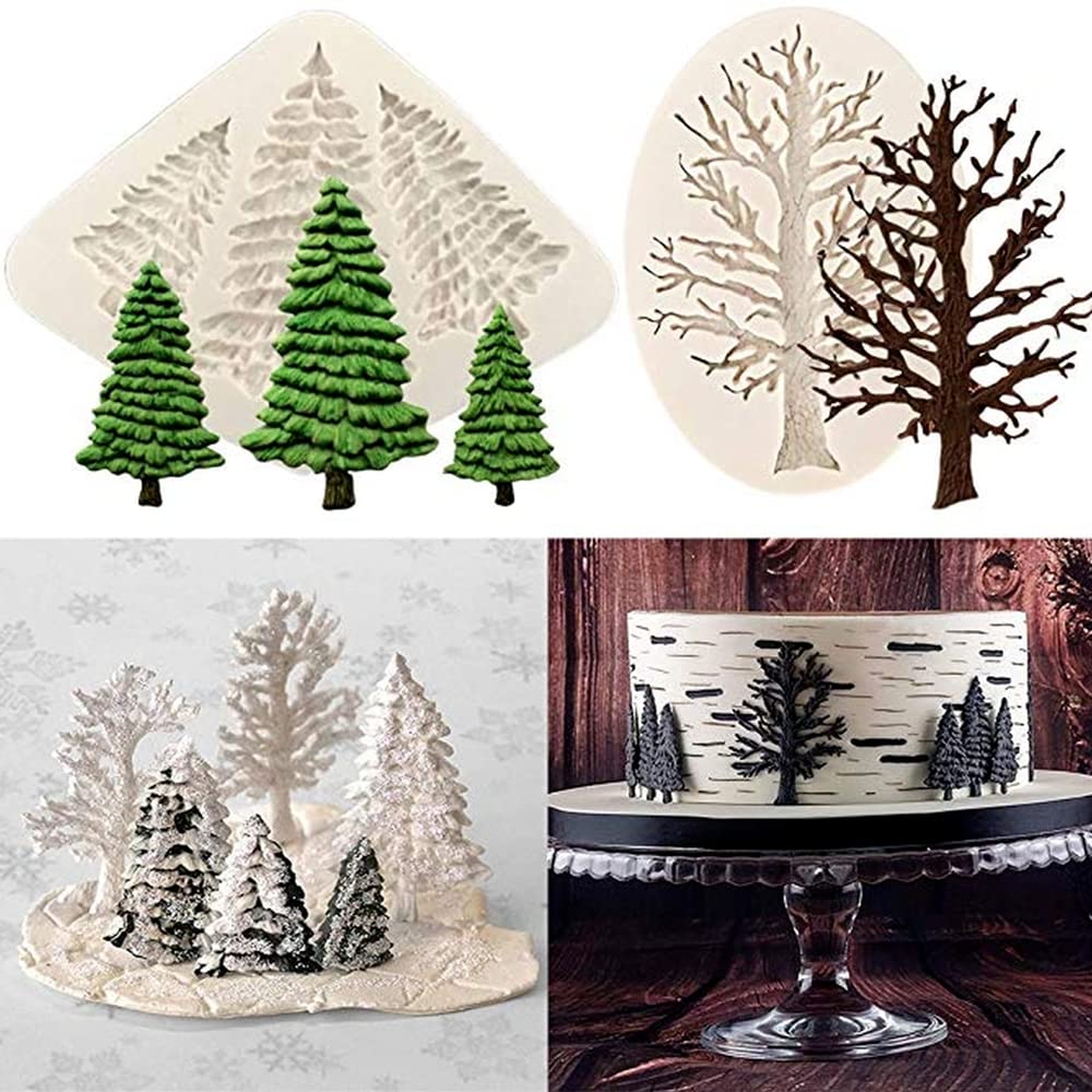 Kuxse 2 Pcs/Set Christmas Tree Fondant Cake Silicone Mold,Xmas Birthday Party Diy Cake Decorating For Chocolate,Fondant,Candy,Su
