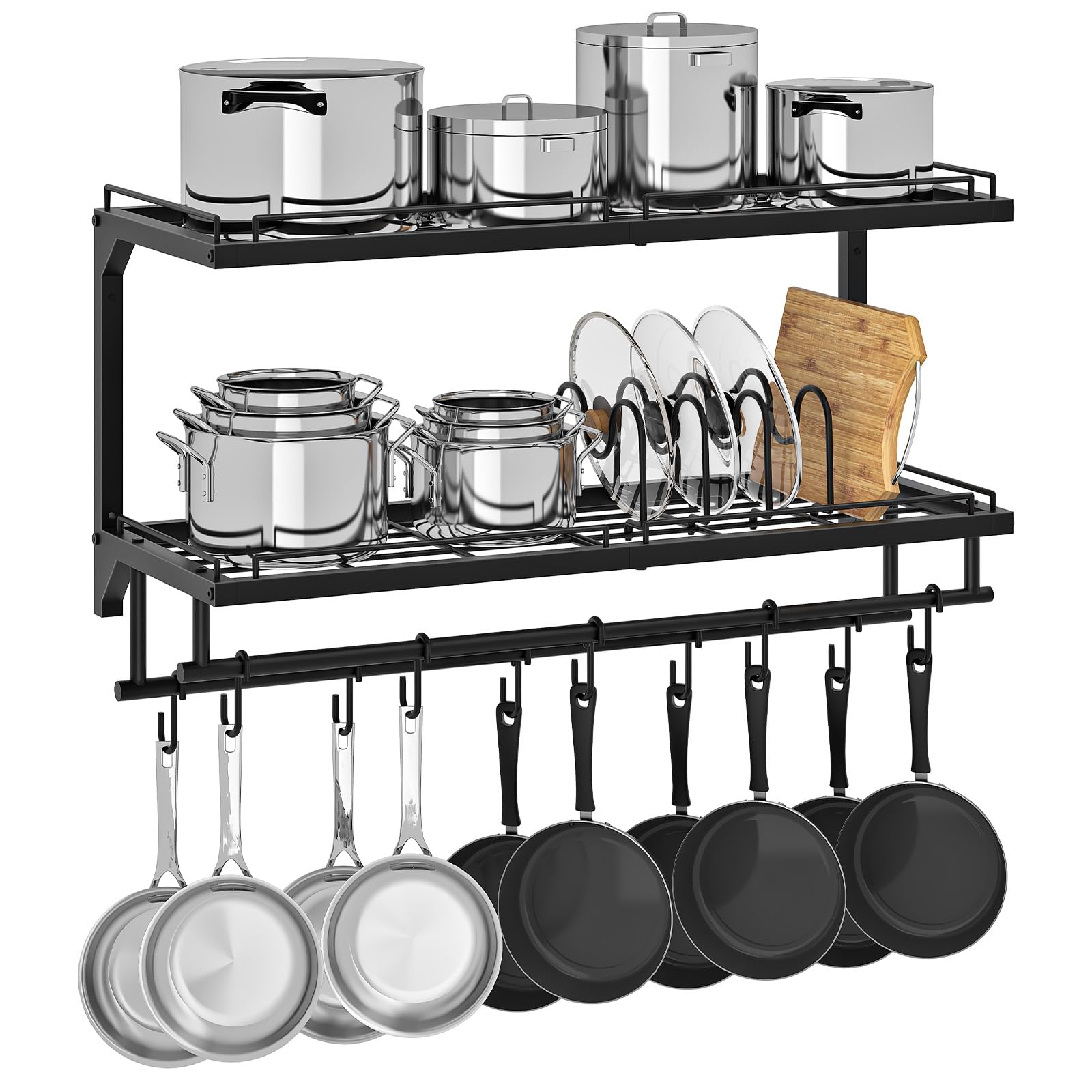 Pot Rack, Wall Mounted Pan Holder, 2Tier Pot and Pan Organizer, Heavy Duty Pot Hanger with 10 SShaped Hooks, Cookware Organize