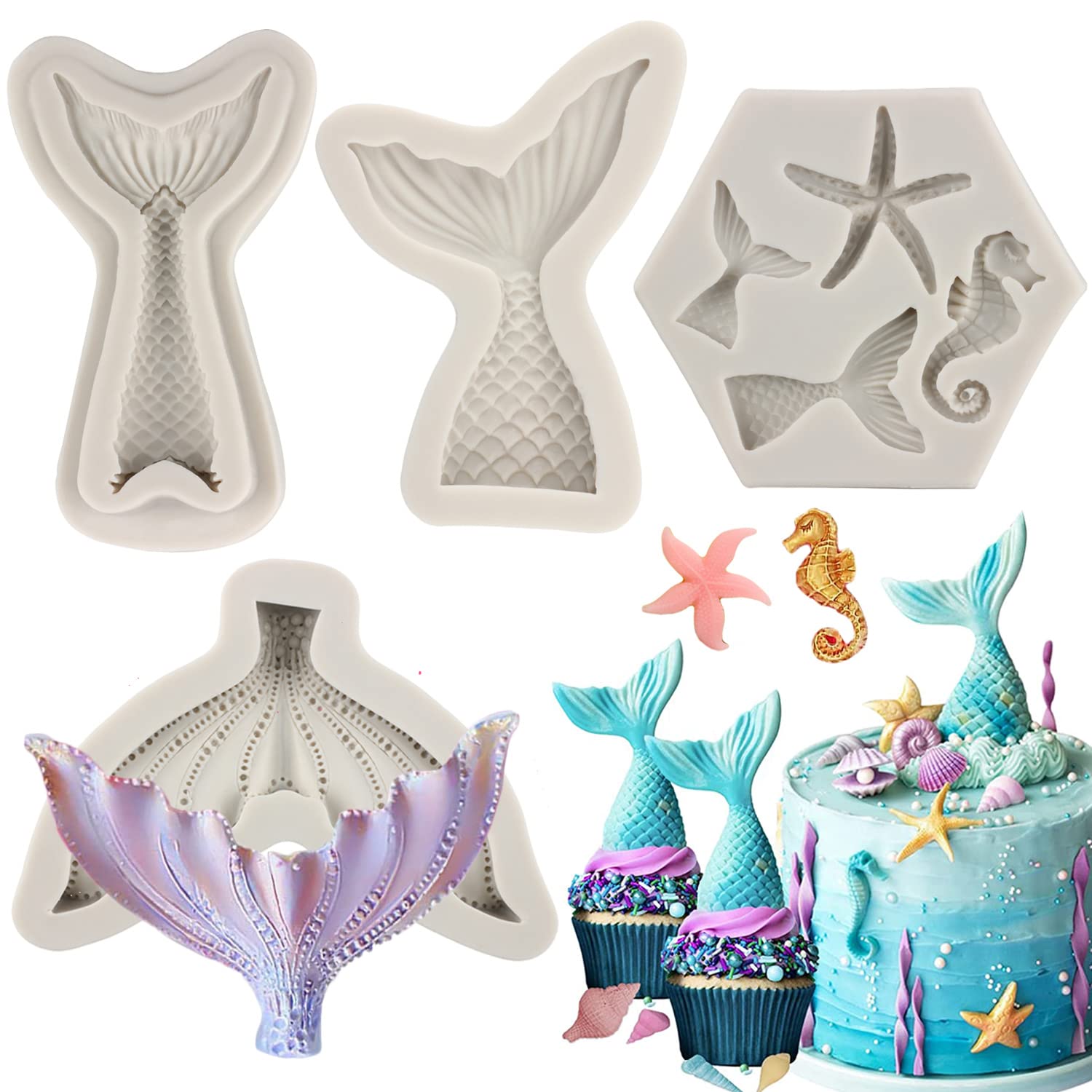 Sijiangmold Mermaid Theme Cake Fondant Molds Mermaid Tail Silicone Molds Seahorse Starfish Mold For Cake Decorating Cupcake Topp