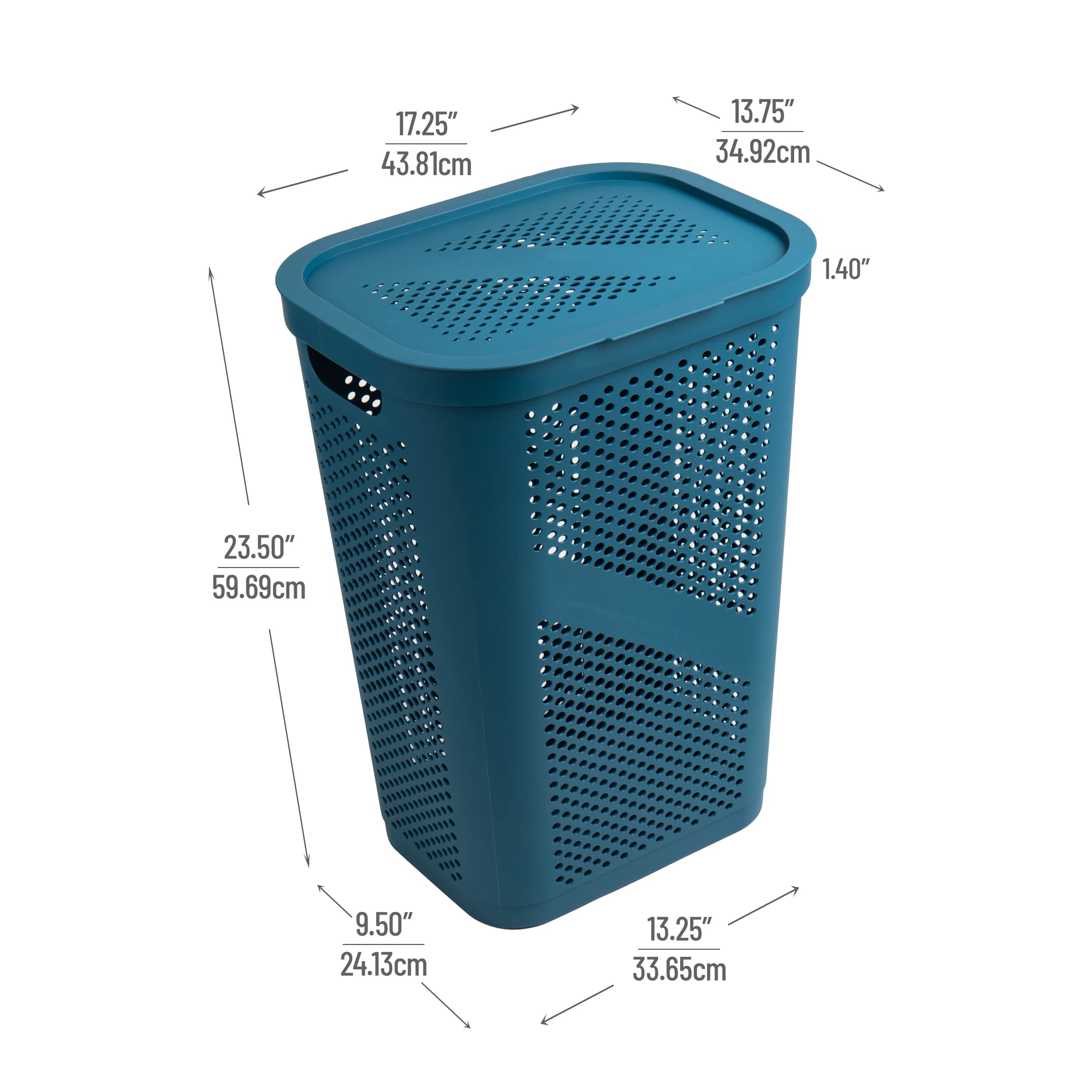 Mind Reader 60L Slim Laundry Hamper, Clothes Basket, Lid, Ventilated, Plastic, 17.25''L X 13.75''W X 23.5''H, Blue