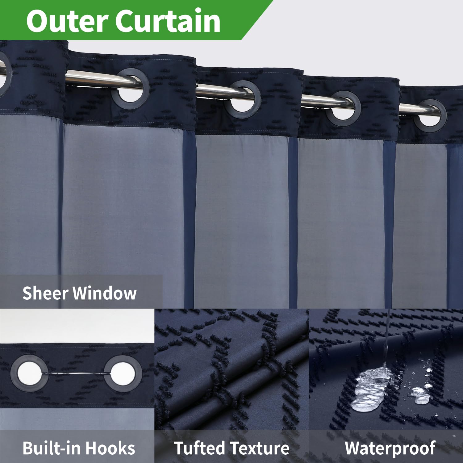 Eachope Extra Long No Hook Tufted Chevron Striped Shower Curtain With Snap-In Fabric Liner Set-71Wx86H(84H),Navy Blue Hotel Grad