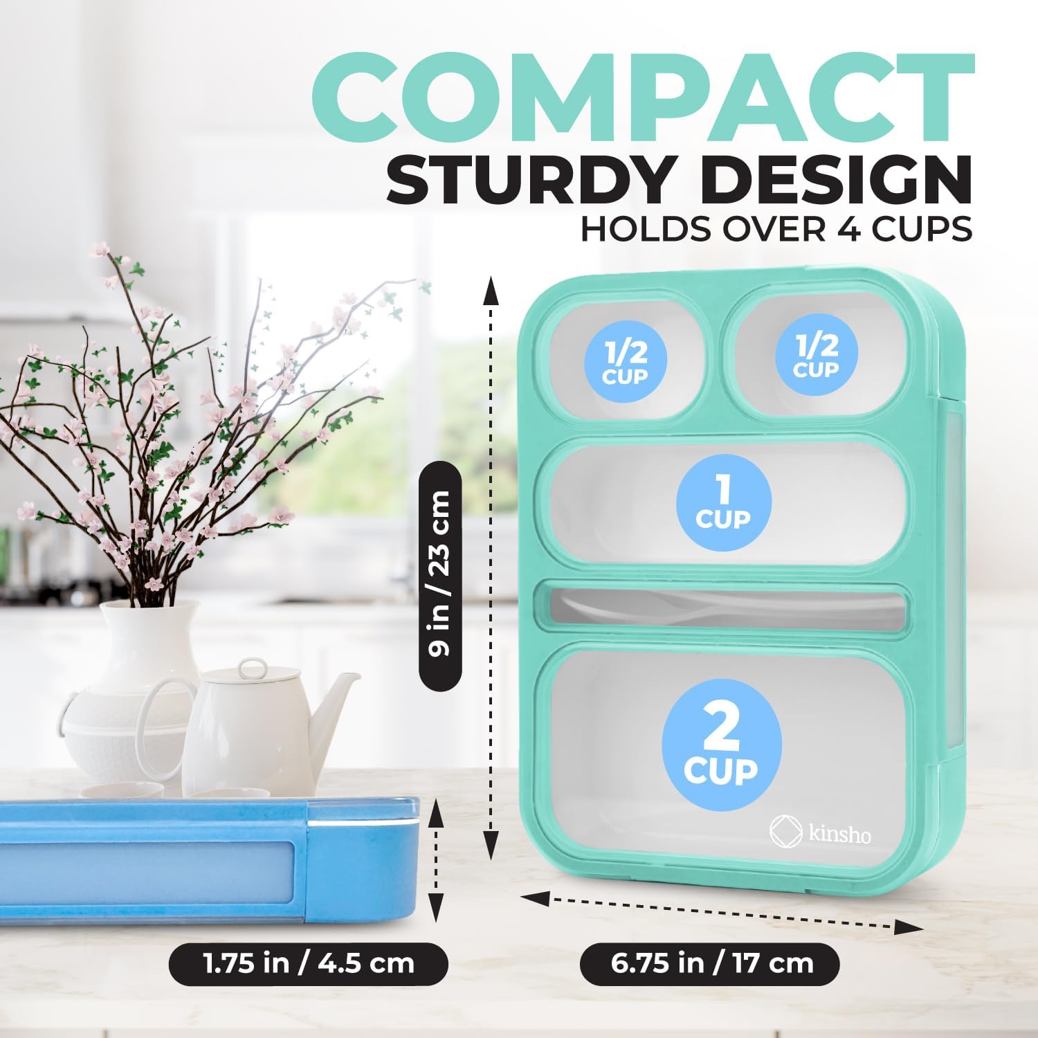 kinsho Bento Lunch-Box for Adults Kids Lunches  Portion Control Container Boxes for Women Girls Boys  Leak-proof Snack Containers  BPA-Free Utensils  Green  5 Compartments