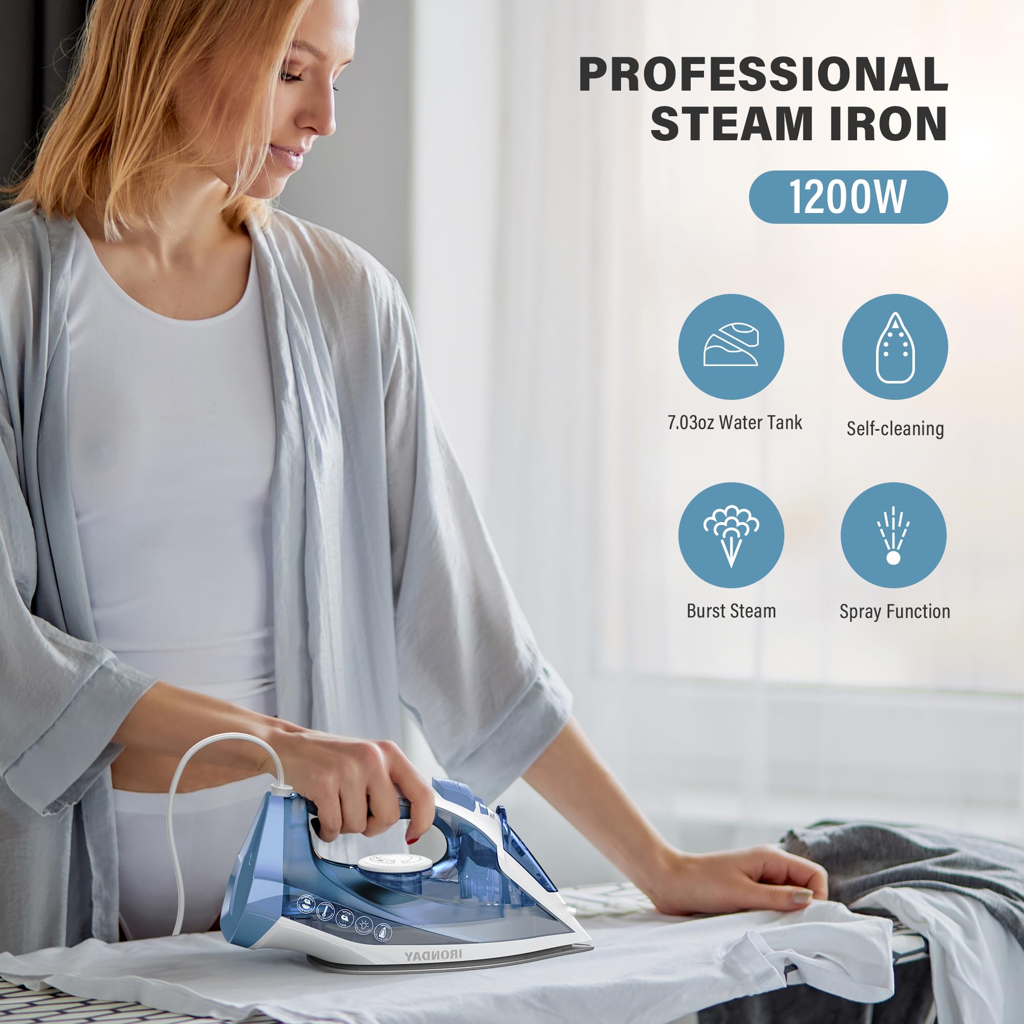 1200W Steam Iron For Clothes, Fast Heating, Iron With Ceramic Coating Soleplate, Adjustable Thermostat Dial, Self-Cleaning, Spra