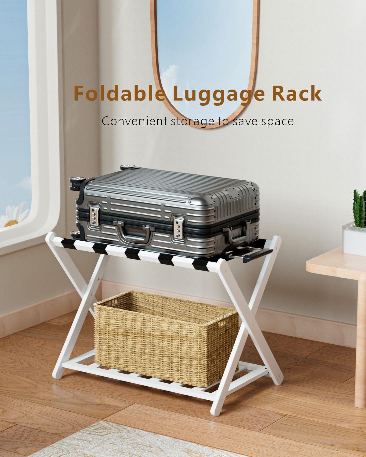 Luggage Racks, Set Of 2 Folding Luggage Rack For Guest Room, Bamboo Suitcase Stands With Nylon Straps, X-Shape Heavy Duty Luggag