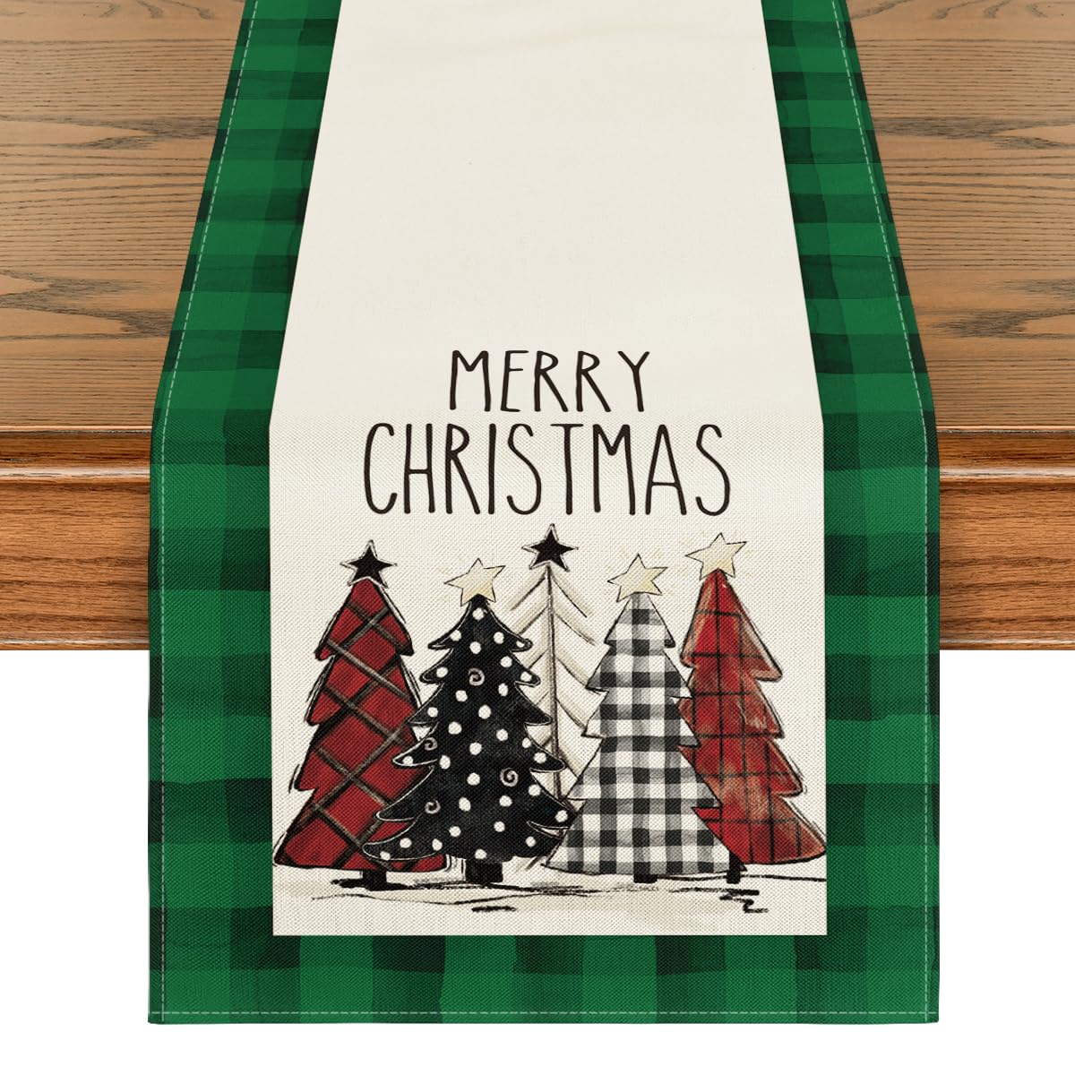 Artoid Mode Watercolor Green And Black Buffalo Plaid Christmas Trees Merry Xmas Table Runner, Seasonal Winter Holiday Kitchen Di