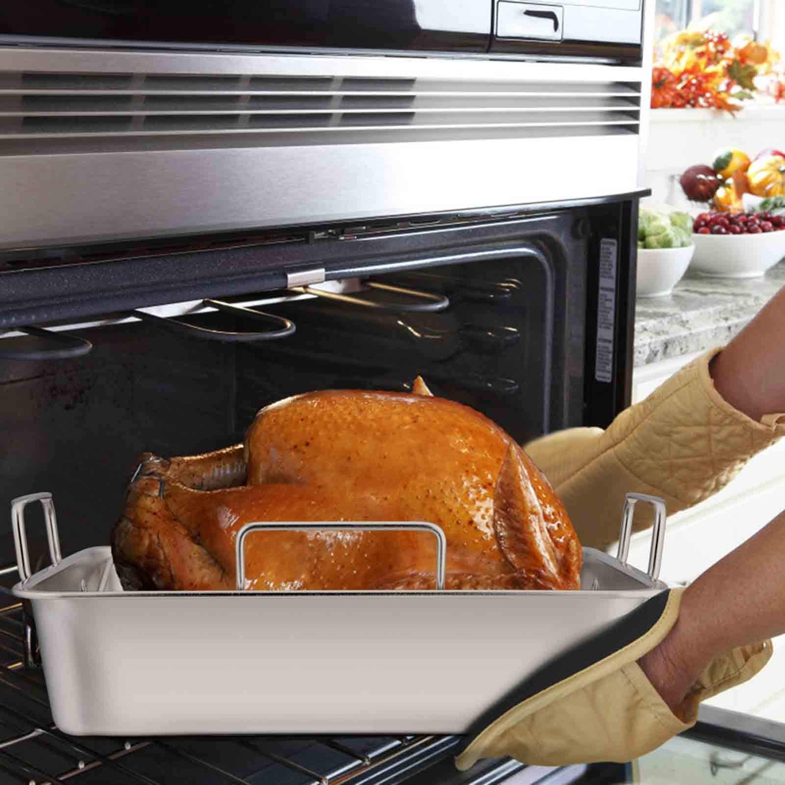 Teamfar Roasting Pan, 15 Inch Large Turkey Roaster Lasagna Pan With V Rack & Cooling Rack Set Stainless Steel For Thanksgiving C