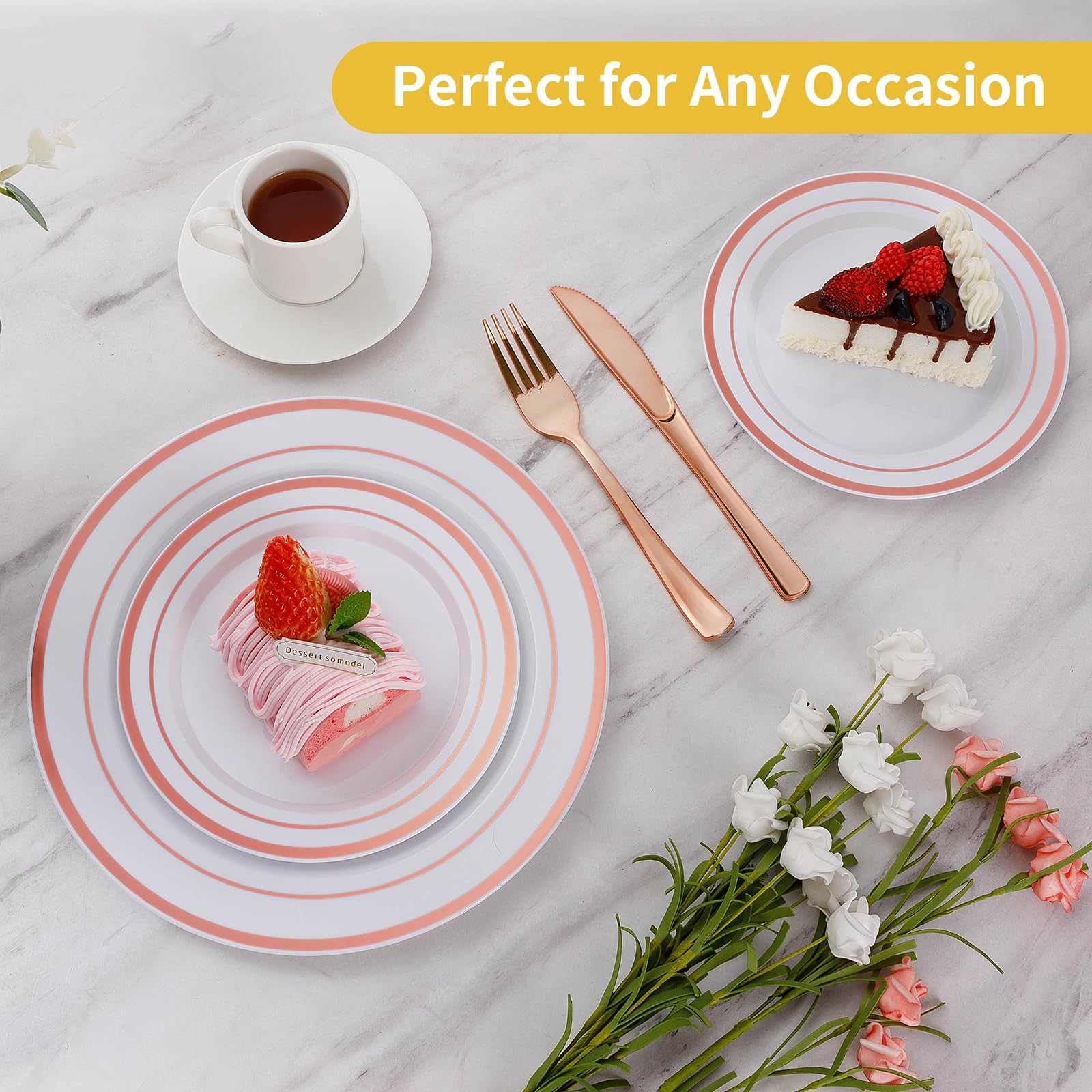 Goodluck 200Pcs Rose Gold Plastic Plates, Heavy Duty Disposable Rose Gold Plates With 100 10.25 Inch Dinner Plates And 100 7.5 I