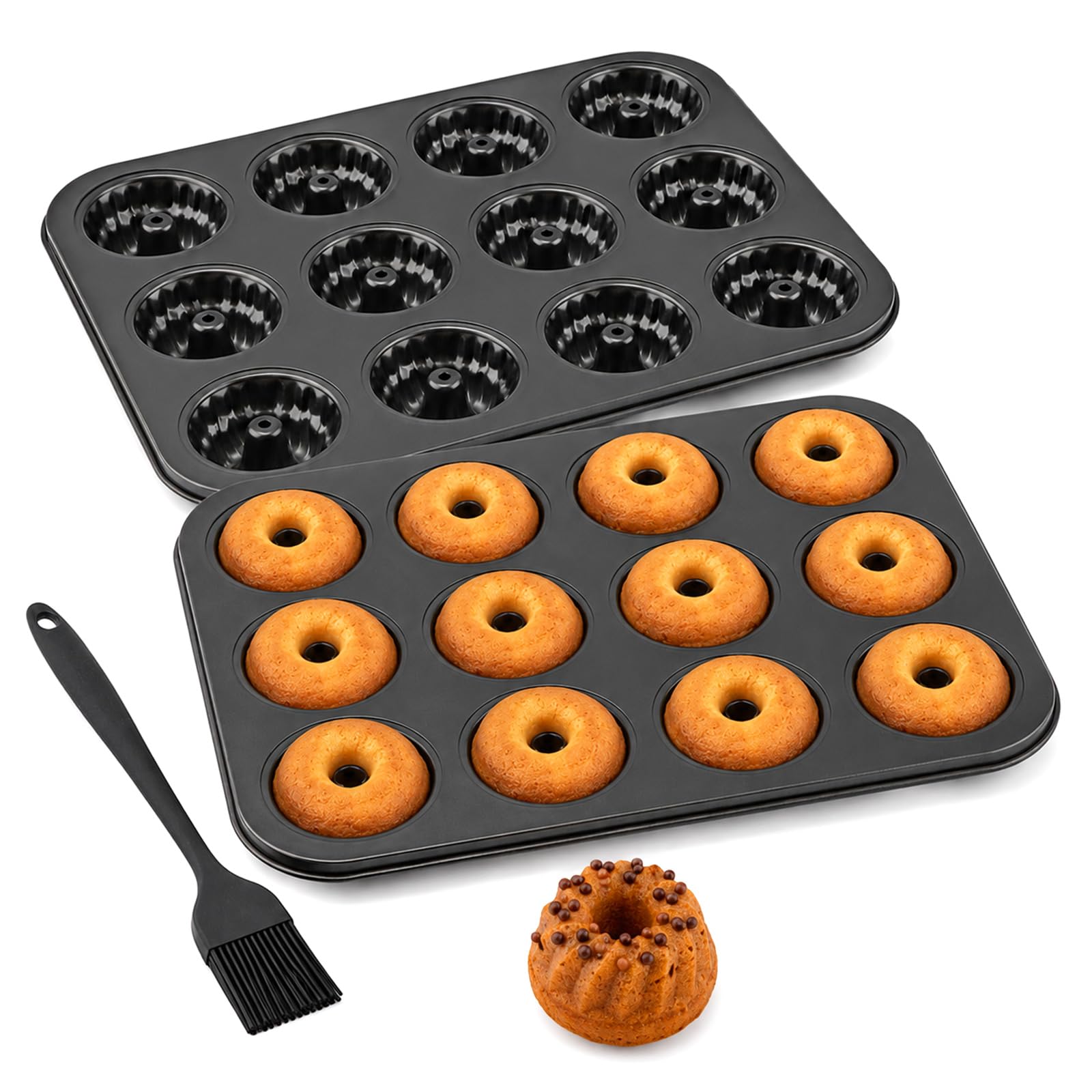 BAIXTQERMO 2 Pack Mini Cake Pan, 12 Cavity Mini Fluted Tube Cake Pans, Carbon Steel NonStick Baking Trays, Bakeware with Silico