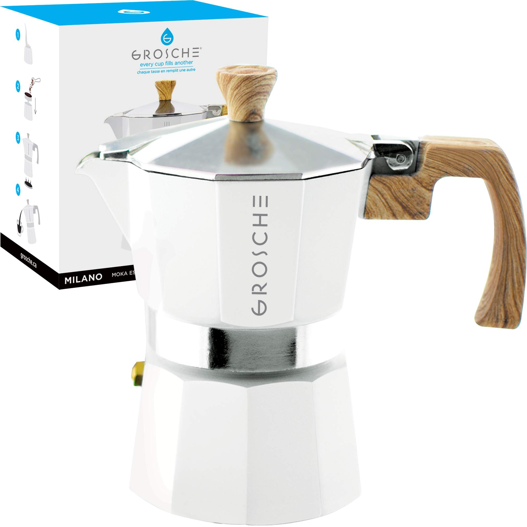 Grosche Milano Moka Stovetop Espresso Coffee Maker (3 Cup / 150 Ml, White)