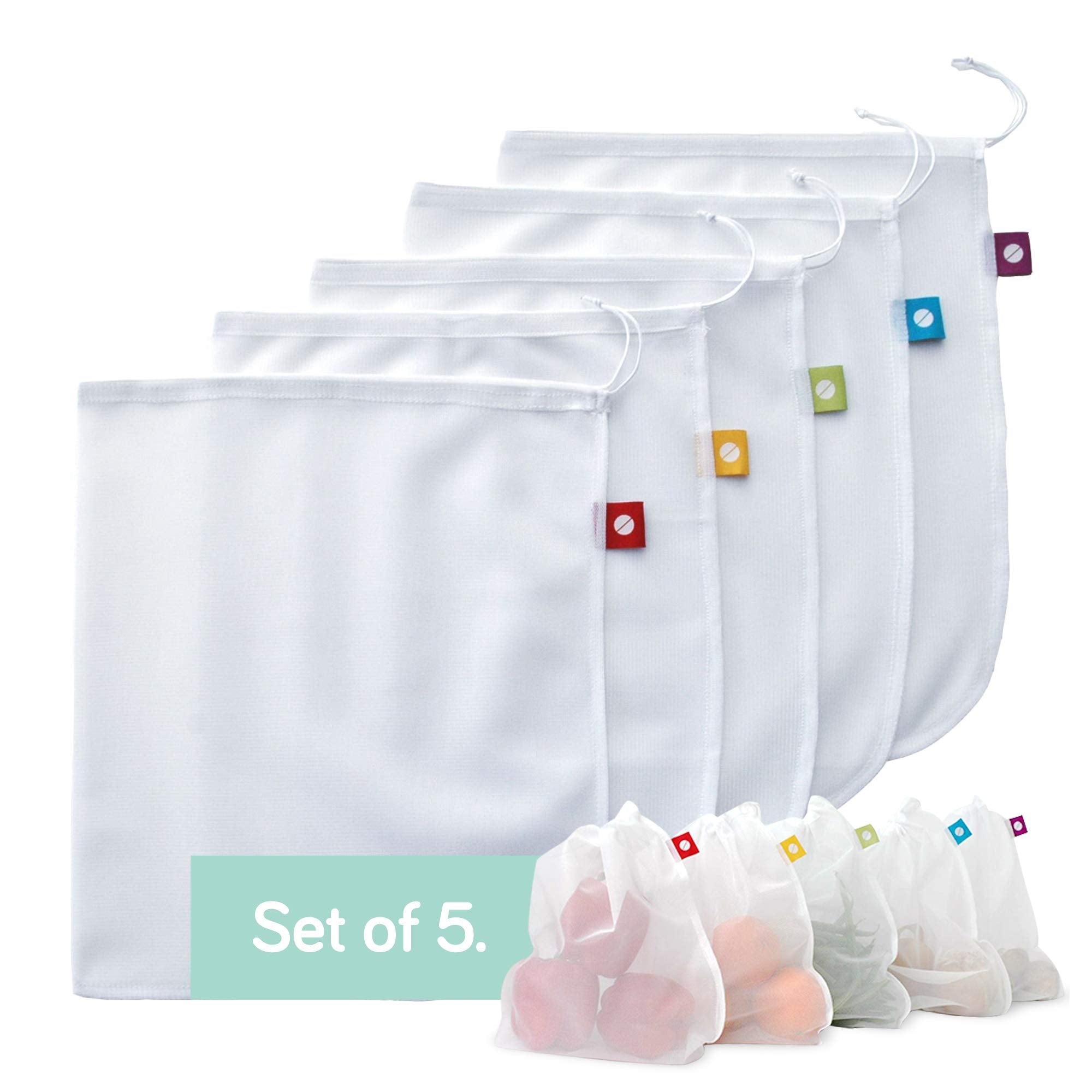 Reusable Produce Bags, Washable Mesh Bags For Fruits And Vegetables, Set Of 5 - Flip And Tumble
