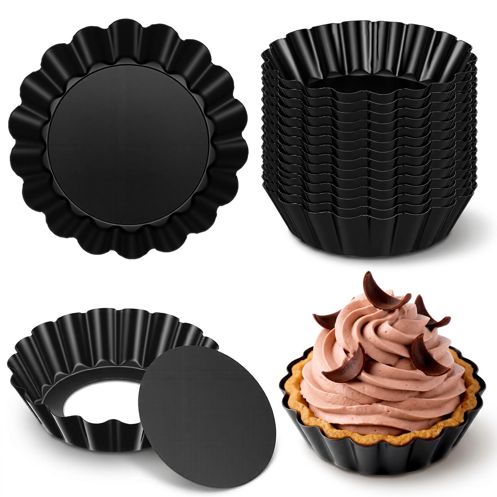 Afcabakila 20Pcs 3 Inch Mini Tart Pan, Black Carbon Steel Egg Tart Molds with Removable Bottom Round Nonstick Deep Quiche Pan, 