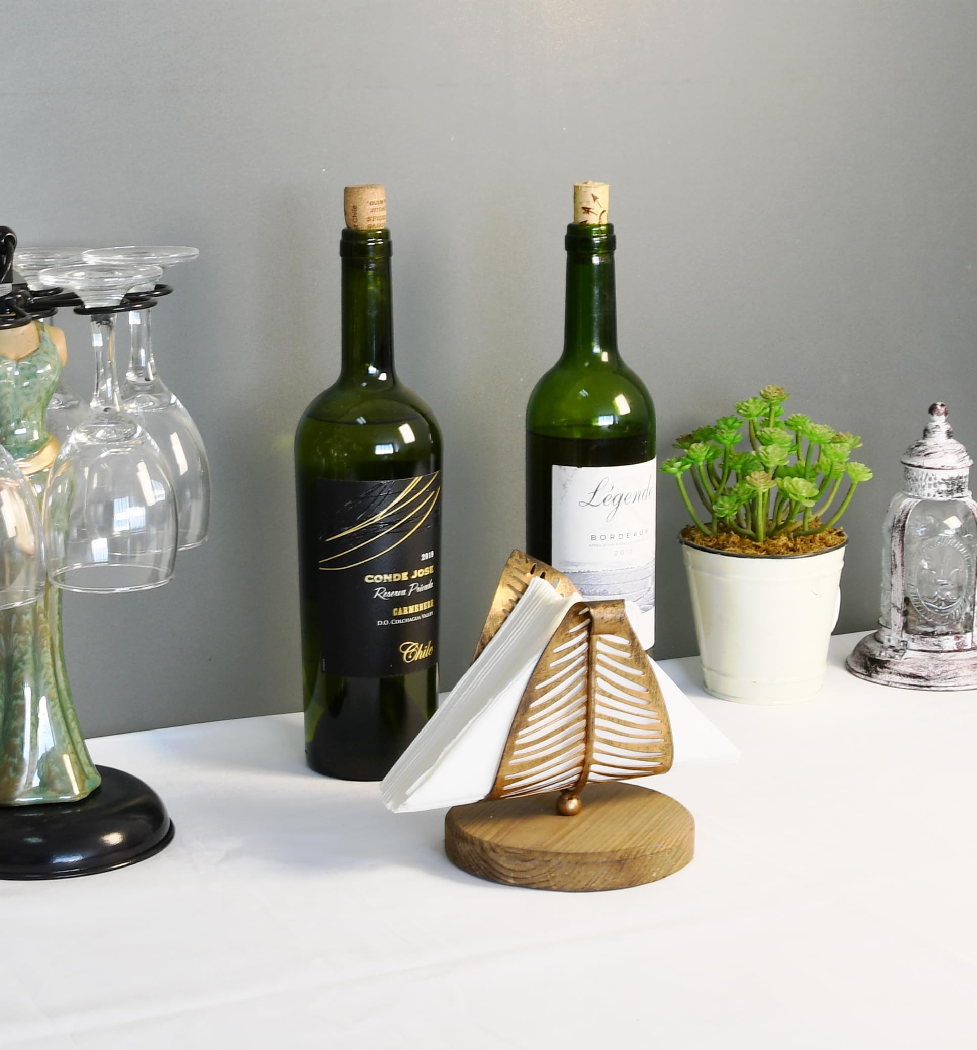 Owlgift Freestanding Modern Napkin Holder W/Bronze Metal Leaf & Brown Wooden Base Design, Tabletop Tissue Dispenser, Napkin Stor