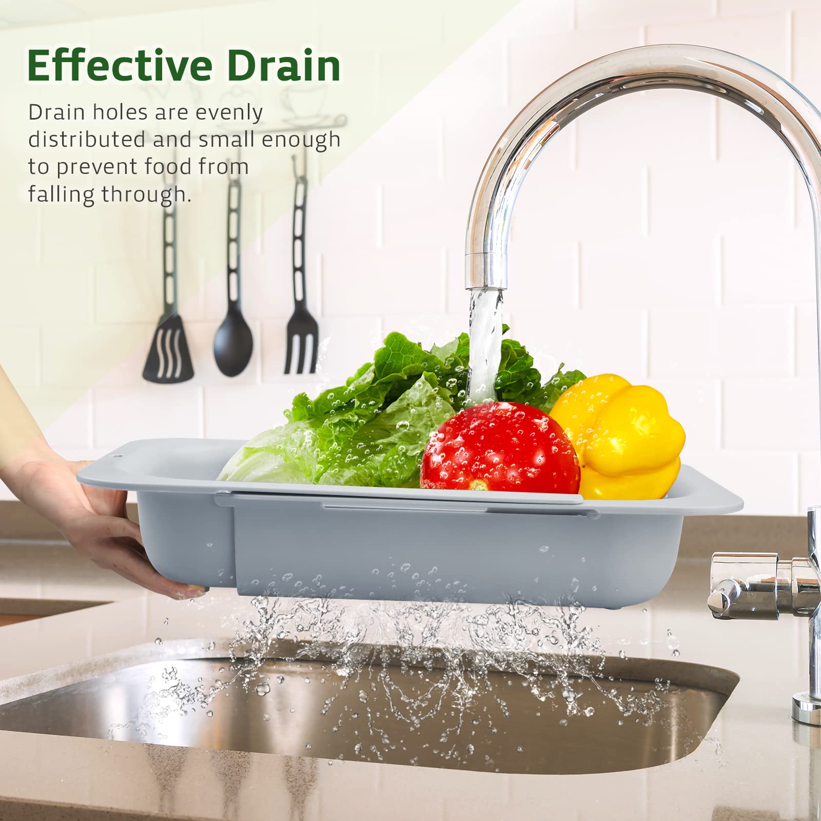 Komzon Extendable Colander Strainer Over The Sink, Retractable Kitchen Sink Basket To Wash Vegetables And Fruits, Food Strainers