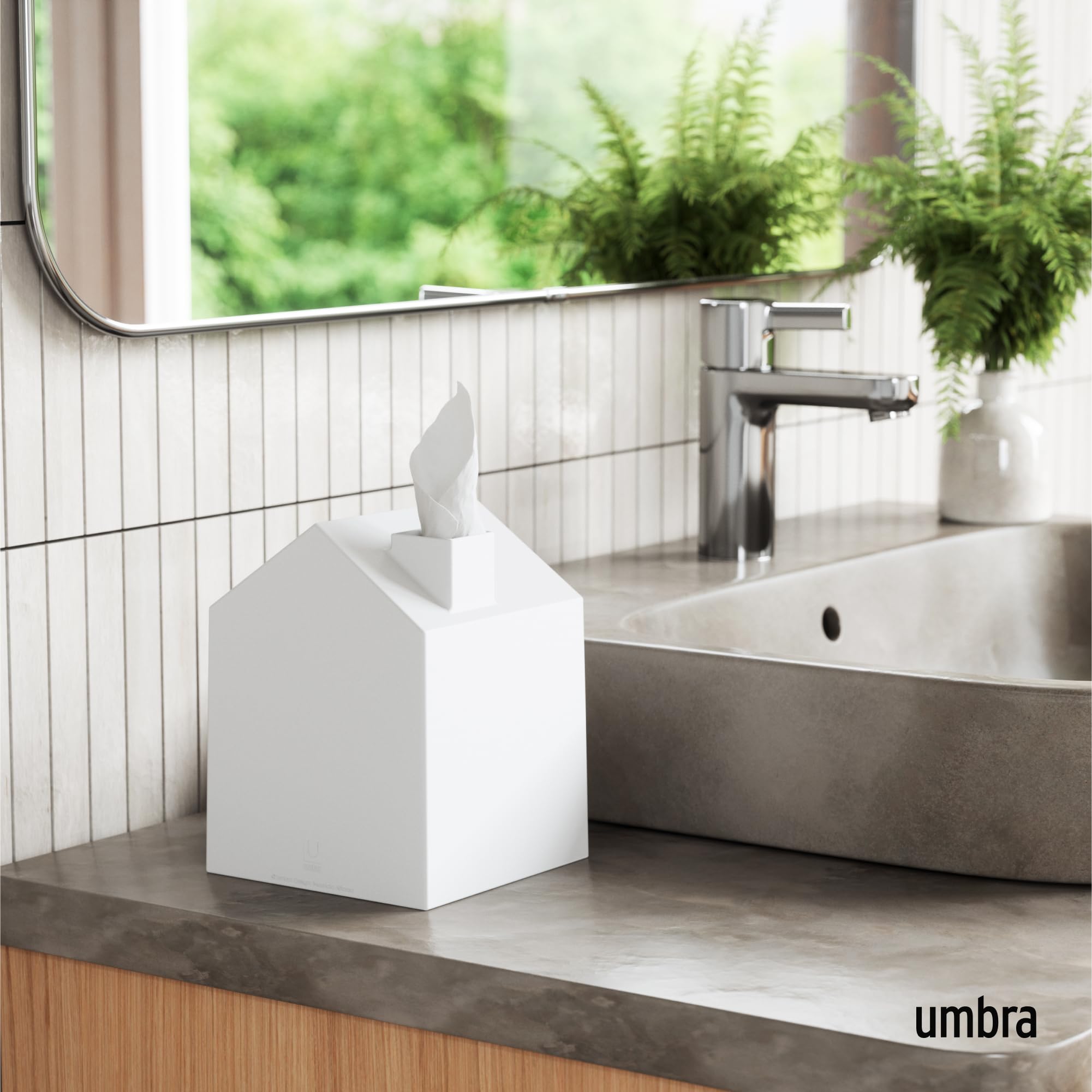 Umbra Casa Tissue Box Cover - Adorable House Shaped Square Tissue Box Holder for Bathroom  Bedroom or Office  White