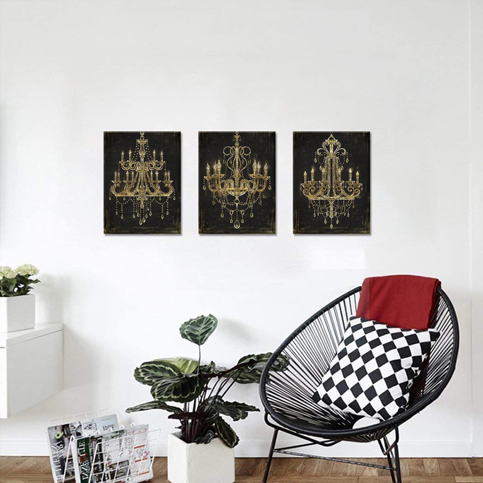 Ihappywall 3 Pieces Black And Gold Chandelier Canvas Wall Art Abstract Diamond Chandelier Crystal Lamp Picture Artwork For Home