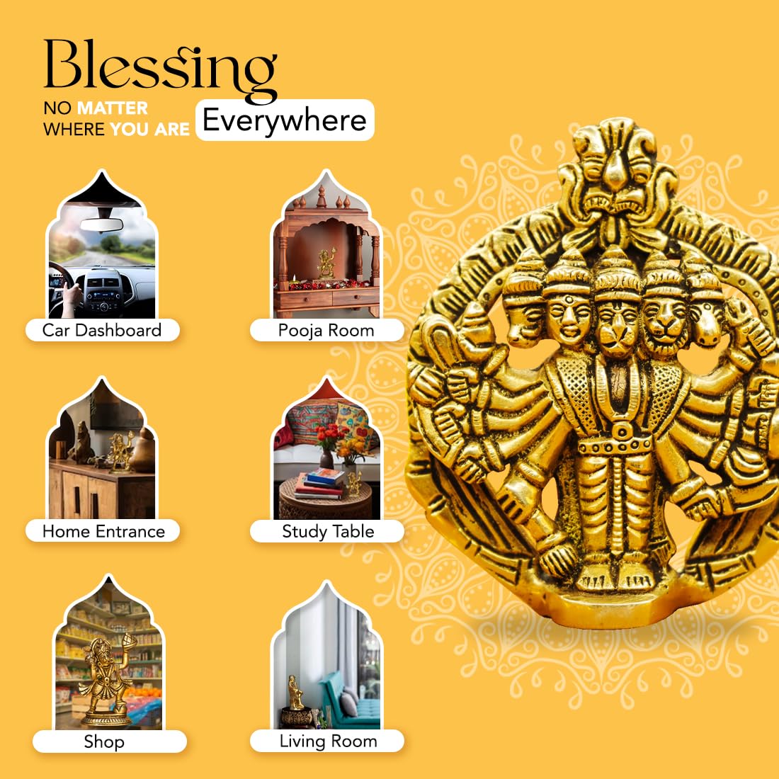 Ekhasa 100% Pure Brass Panchmukhi Hanuman (Size: 10 cm) | Panchmukhi Hanuman Murti for Door Entrance | Panch Mukhi Hanuman Ji fo