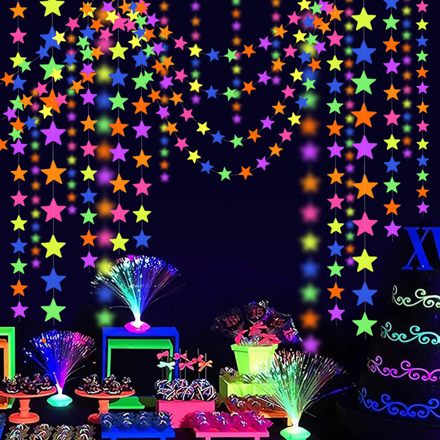 120Feet Uv Neon Star Garland Hanging Paper Streamers Glow In The Dark Black Light Glow Party Supplies And Decorations Glow In Th