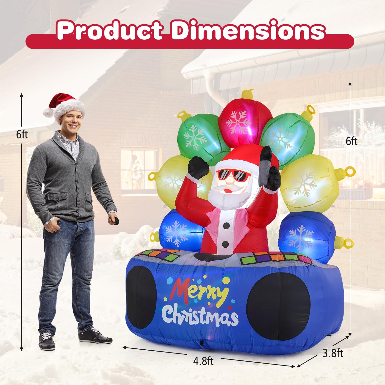Tangkula 6Ft Inflatable DJ Santa, Blow up Christmas Party Santa Claus Decoration with Rotating Music Light, Mute Mode, Color-Cha