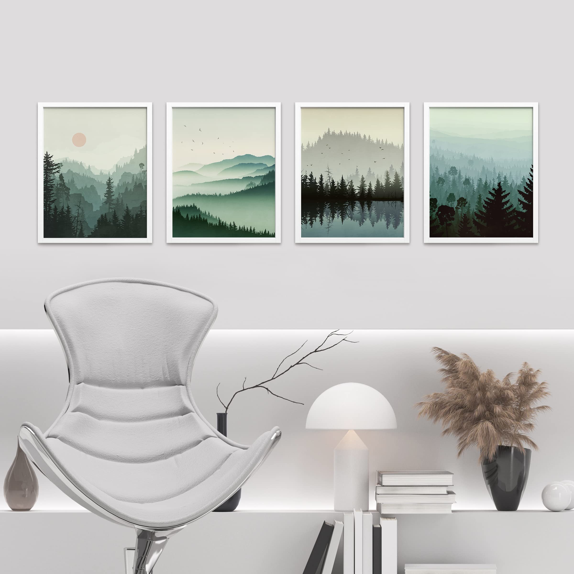 Signwin Framed Pastel Winter Mountain Wall Art, Set Of 4 Forest Landscapes Wall Decor Prints, Wilderness Nature Wall D  Cor For