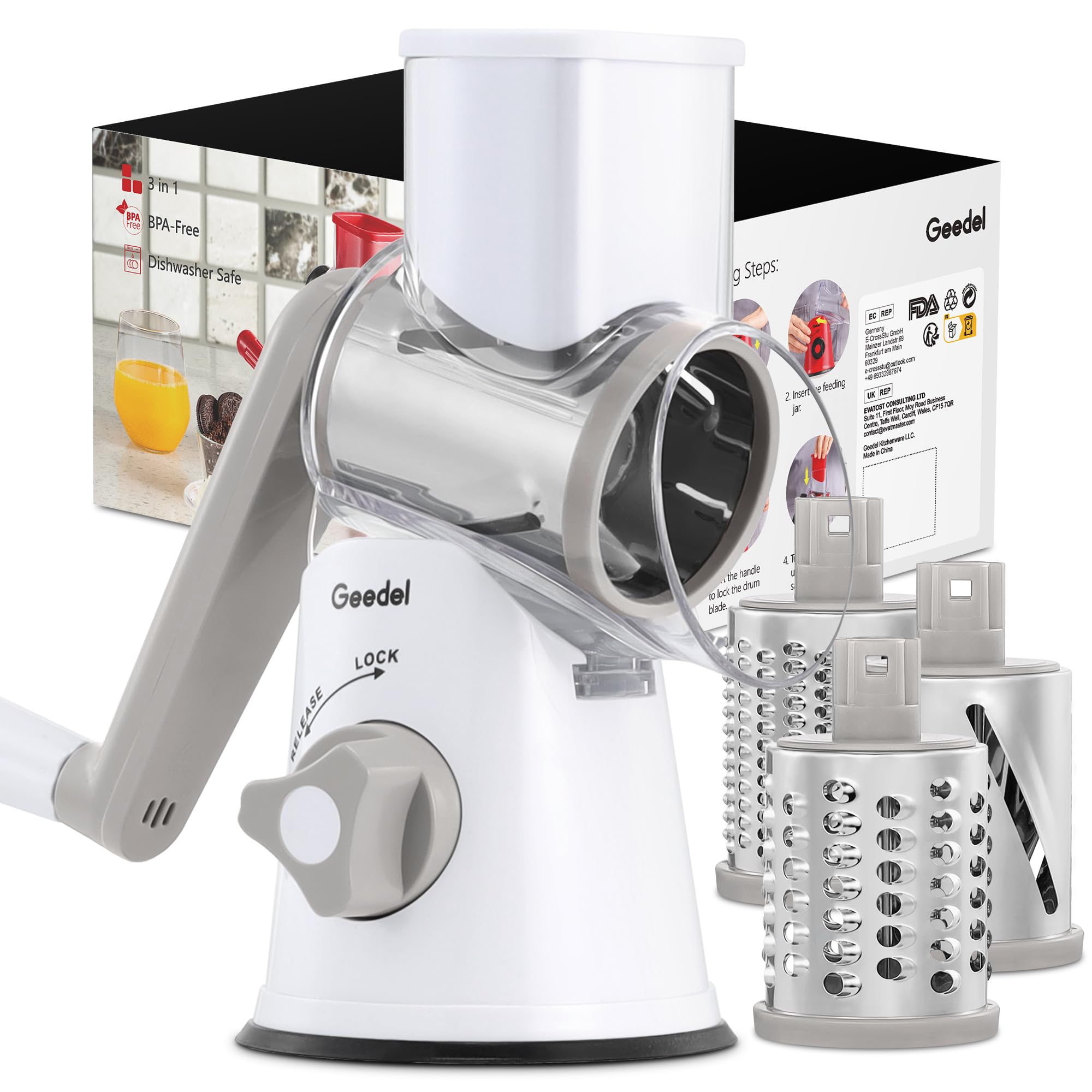 Geedel Rotary Cheese Grater, Kitchen Mandoline Vegetable Slicer With 3 Interchangeable Blades, Easy To Clean Rotary Grater Slice
