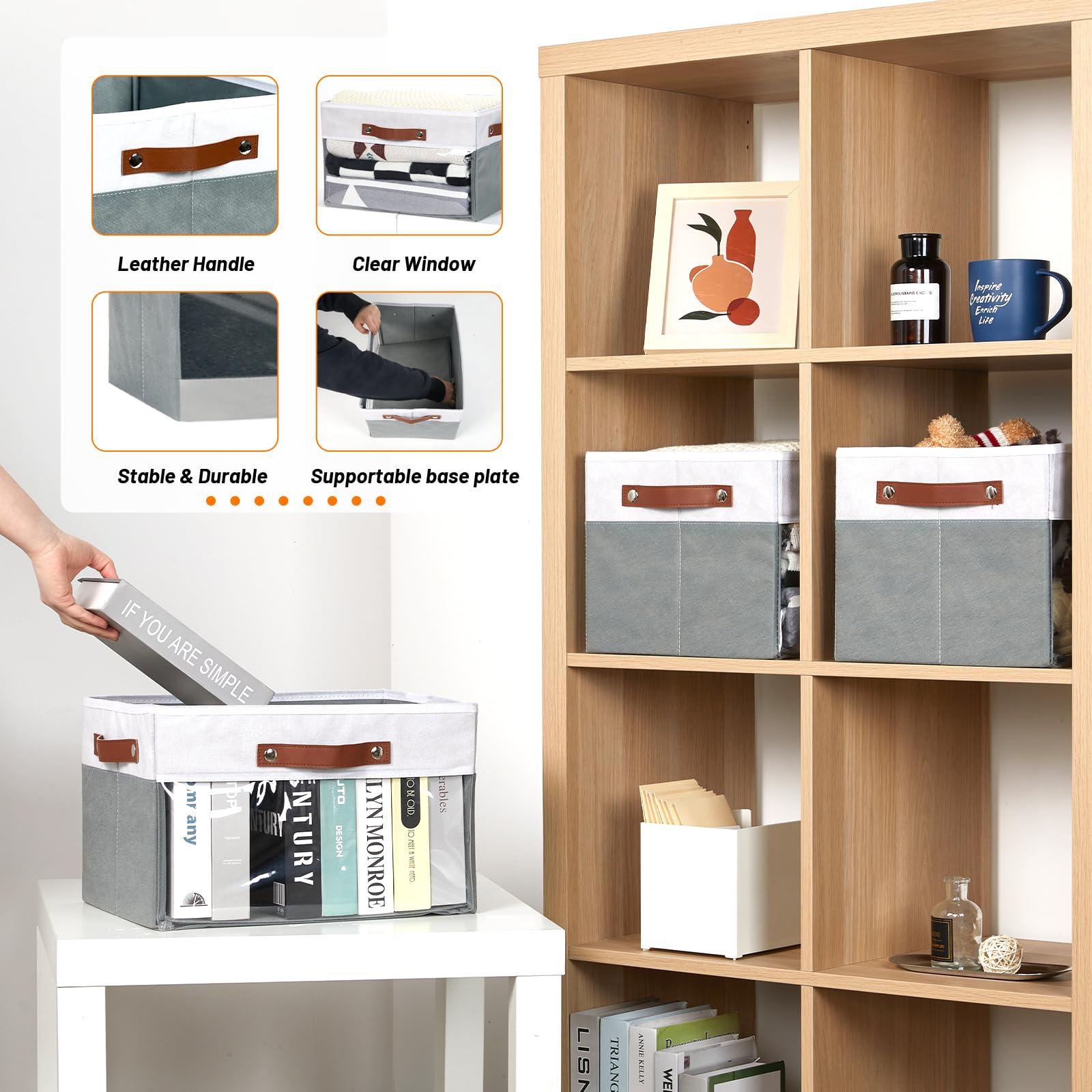 Hnzige Fabric Storage Bins For Shelves Foldable Closet Storage Bin With Clear Window, Collapsible Large Linen Organizers Bin Dec