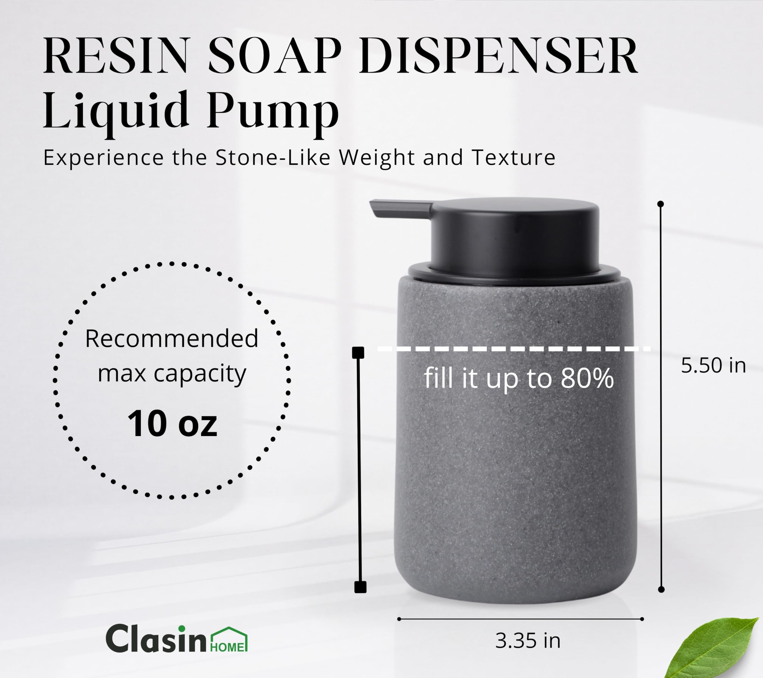 Clasin Home Resin Hand Soap Dispenser With Easy-To-Press Pump, Refillable Liquid Soap Dispenser With Sandstone Like Finish, Soap