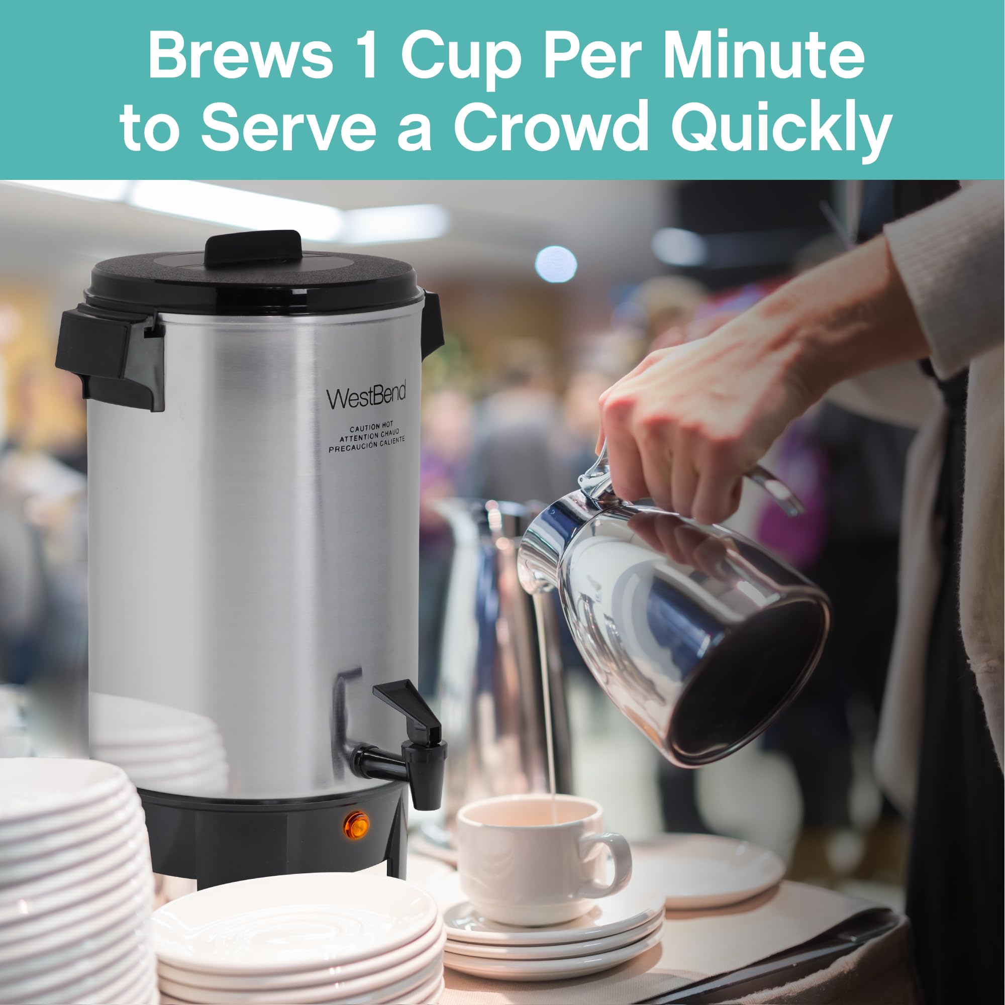 West Bend 58030 Commercial Coffee Urn And Beverage Dispenser With Automatic Temperature Control, 30 Cup, Polished Aluminum,Silve