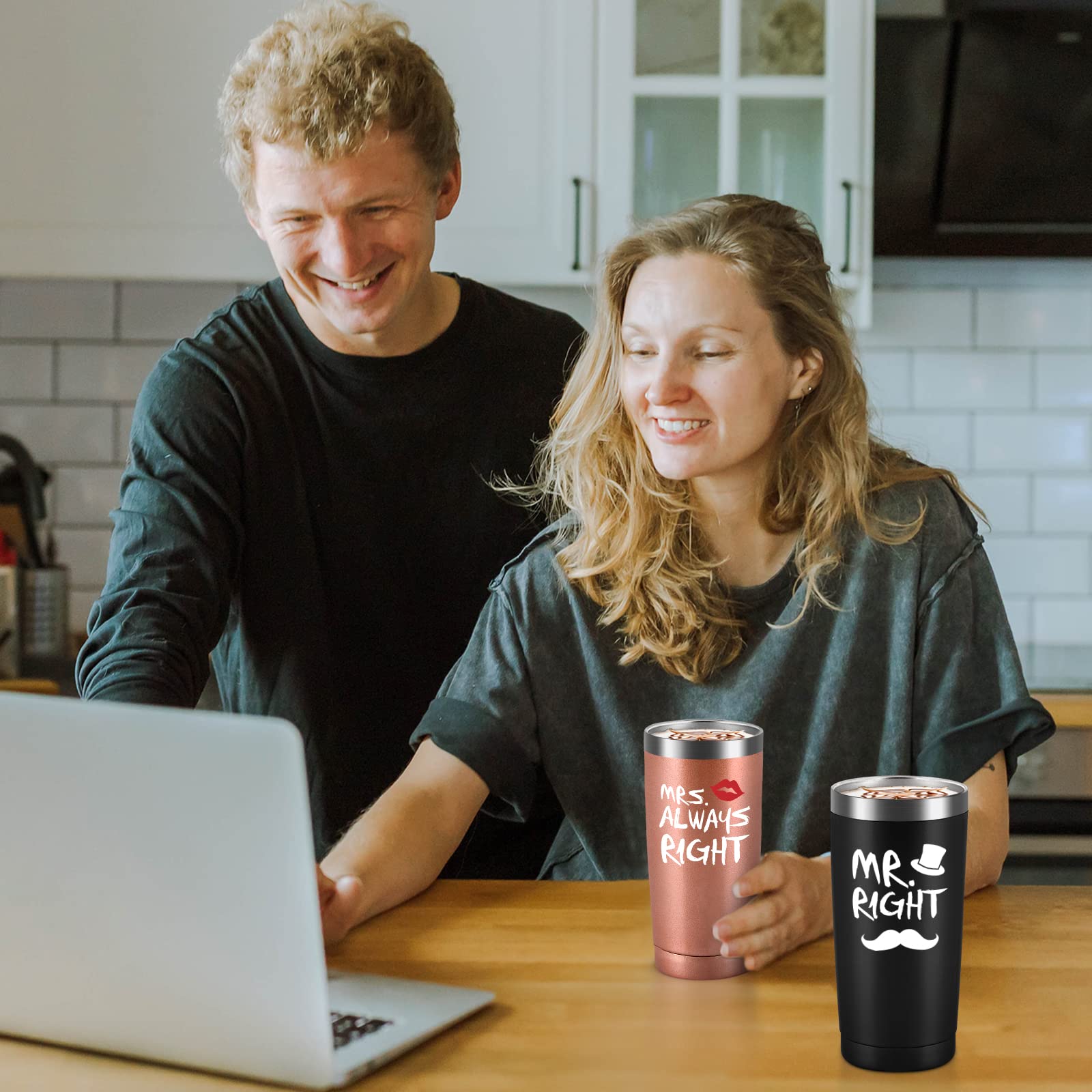 Qtencas Mr. Right Mrs. Always Right Travel Tumbler Set, Wedding Engagement Gifts For Husband Wife Newlywed Couples Bride Groom A