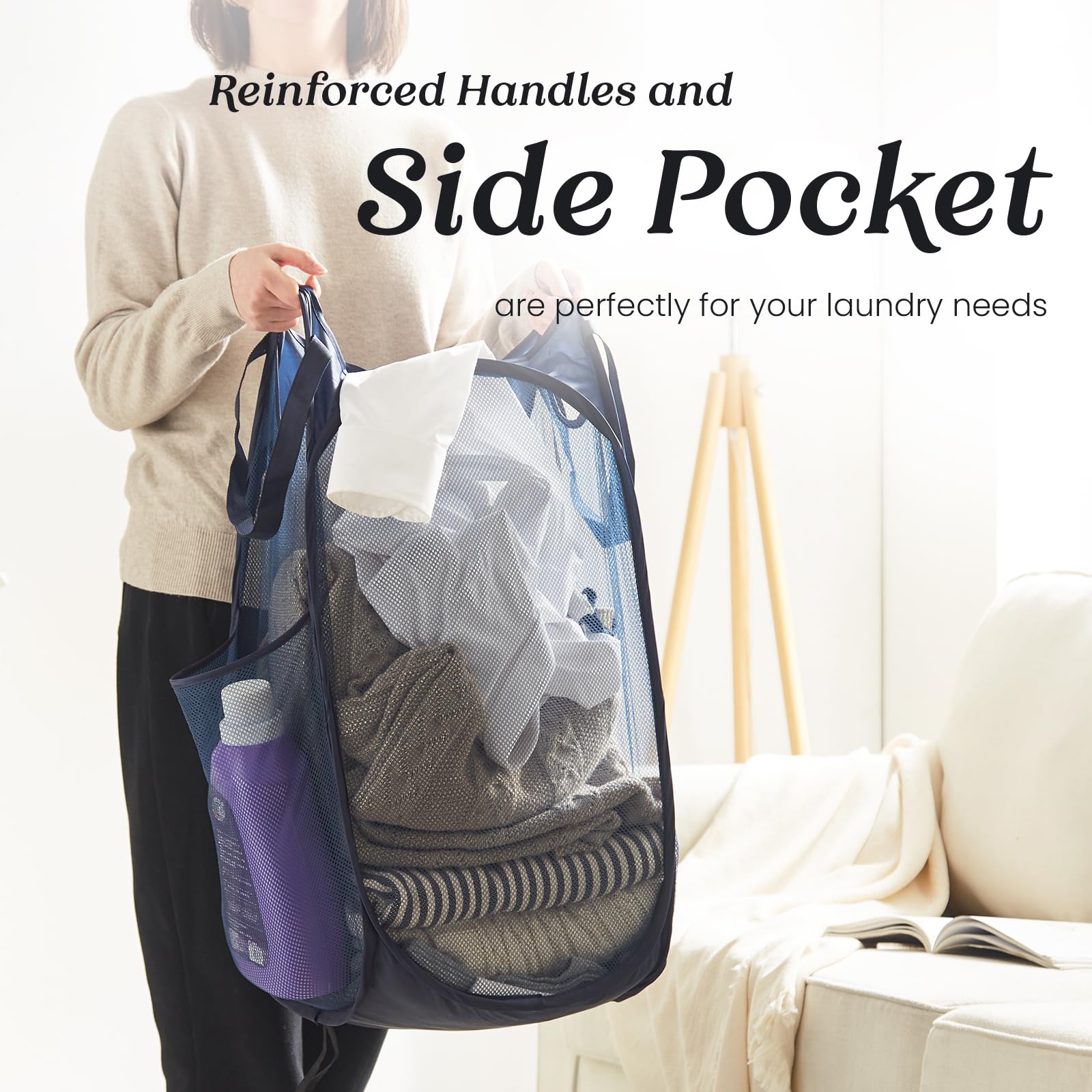 Collapsible Mesh Pop Up Laundry Hamper With Sturdy Handles And Side Pocket - Portable Foldable Clothes Baskets For Dorm, Laundry