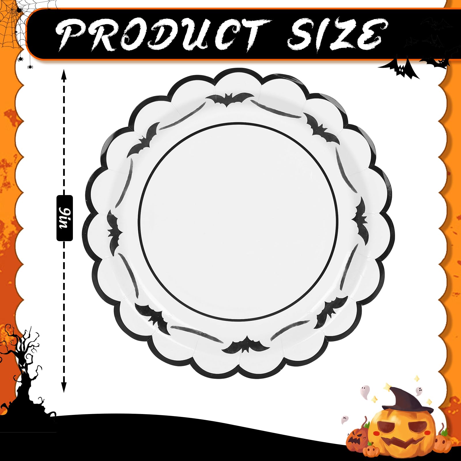 JarThenaAMCS 50 Pcs Halloween Paper Plates Bat Scalloped Disposable Plate Spooky Decorative Tableware for Holiday Party Decor Su