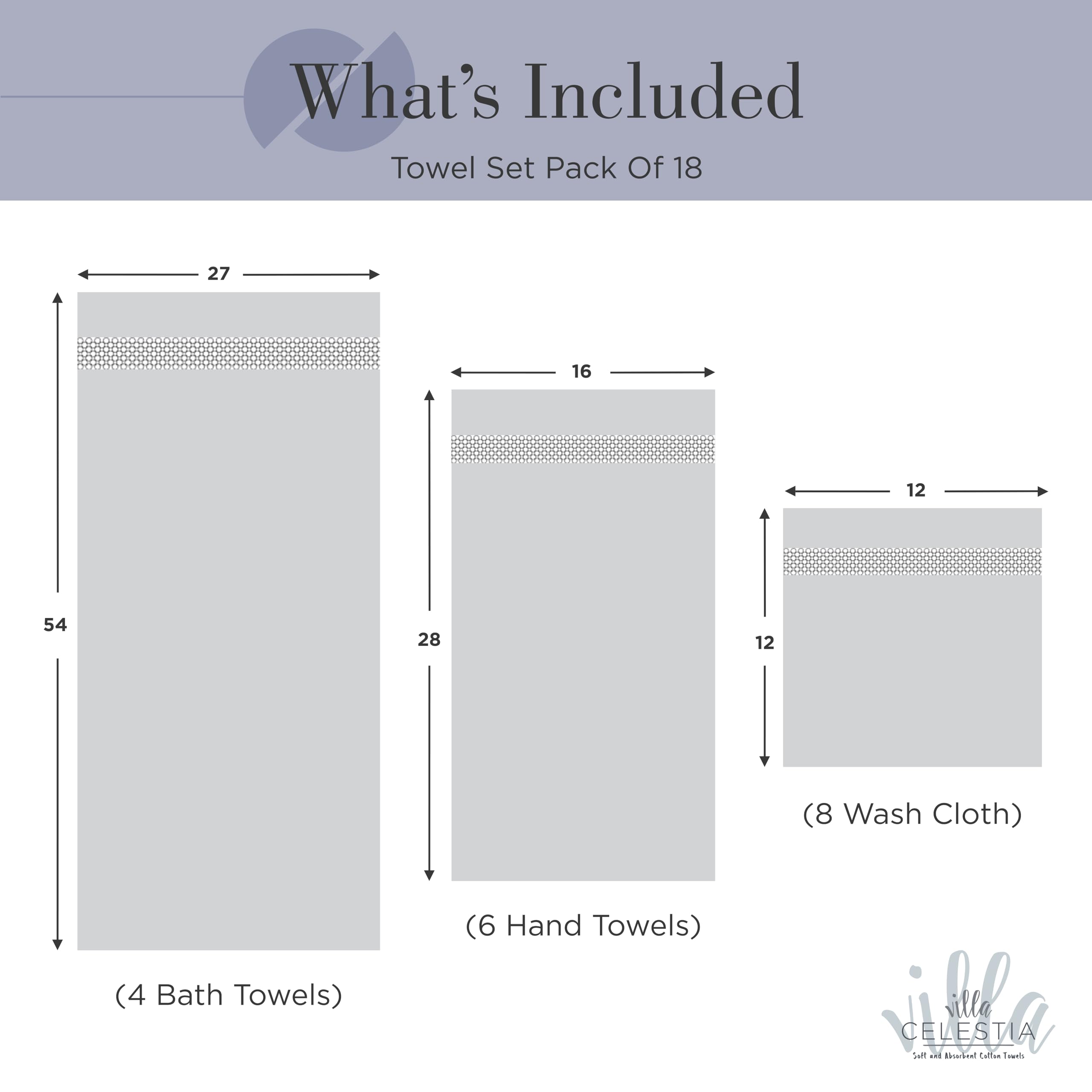 Villa Celestia 100% Cotton Bath Towel Set Of 18-4 Bath Towels, 6 Hand Towels, 8 Wash Cloths, Sustainable, Soft, Highly Absorbent