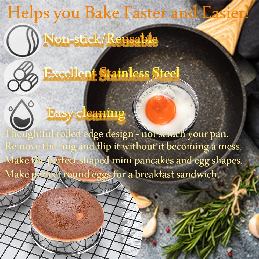 Kuayb 8 Pieces English Muffin Rings Crumpet Rings 3.15 Inch Stainless Steel Double Rolled Tart Ring Nonstick Metal Round Ring Mo
