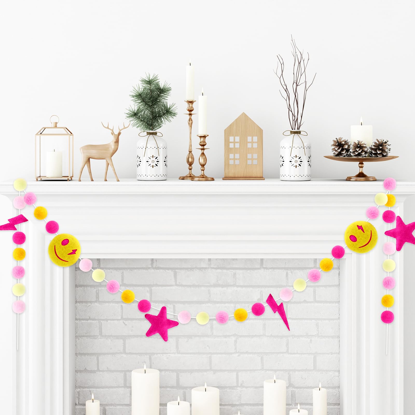 Whaline Preppy Felt Banner 3D Pink Face Lighting Star Banner Felt Ball Garland Pre-Assembled Preppy Theme Bunting Garland For Ba